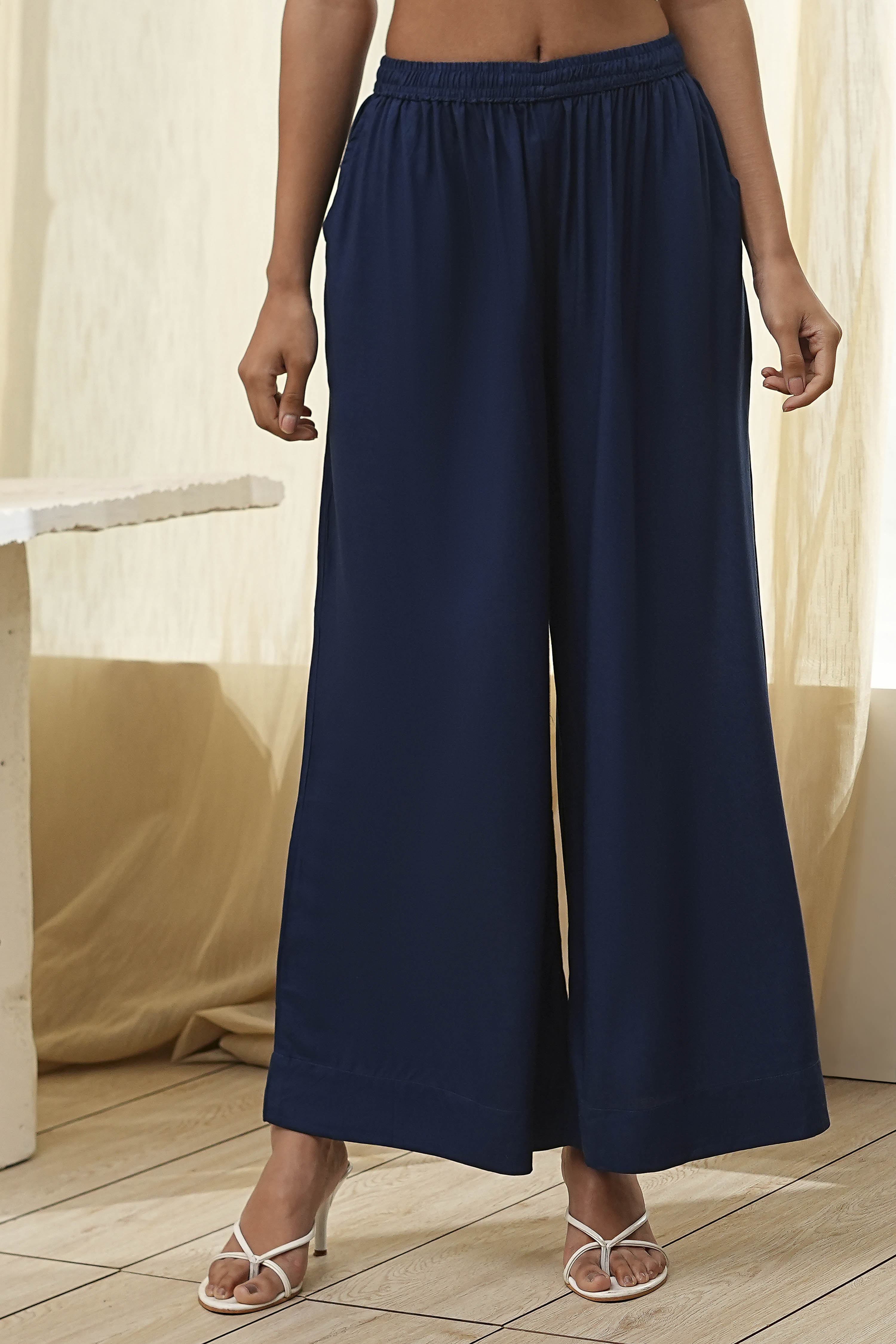 Navy Blue Viscose Solid Straight Palazzos image number 4