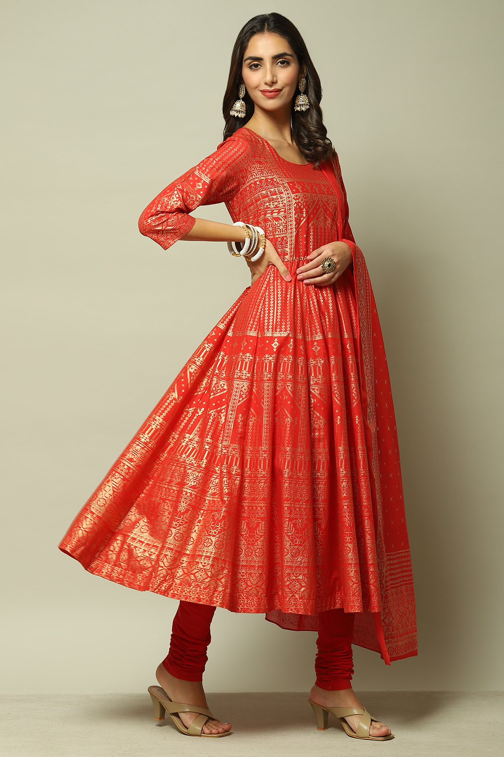 Teal Cotton Anarkali Kurta Churidar Suit Set image number 7