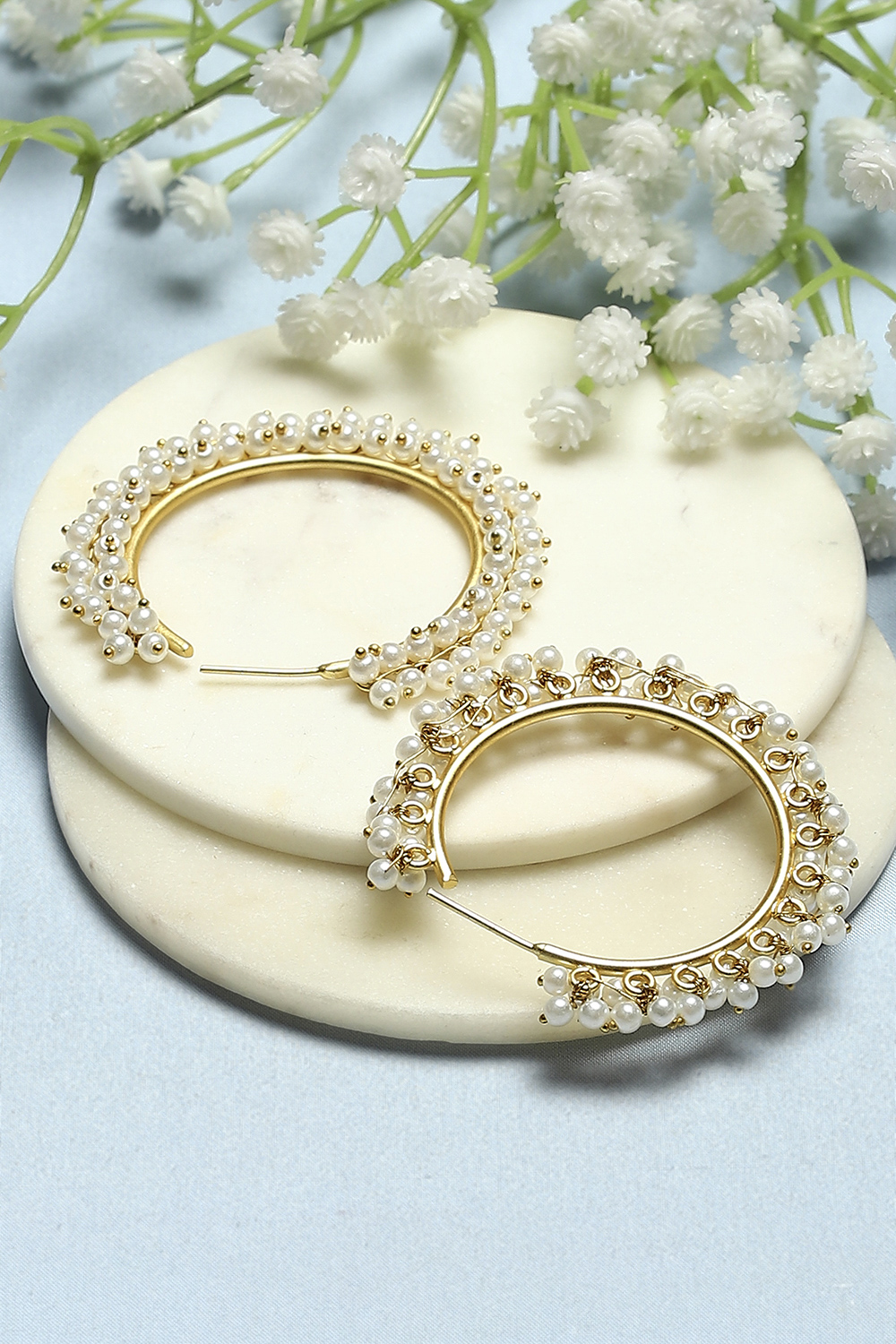White Gold-Plated Pearl Contemporary Hoops image number 2