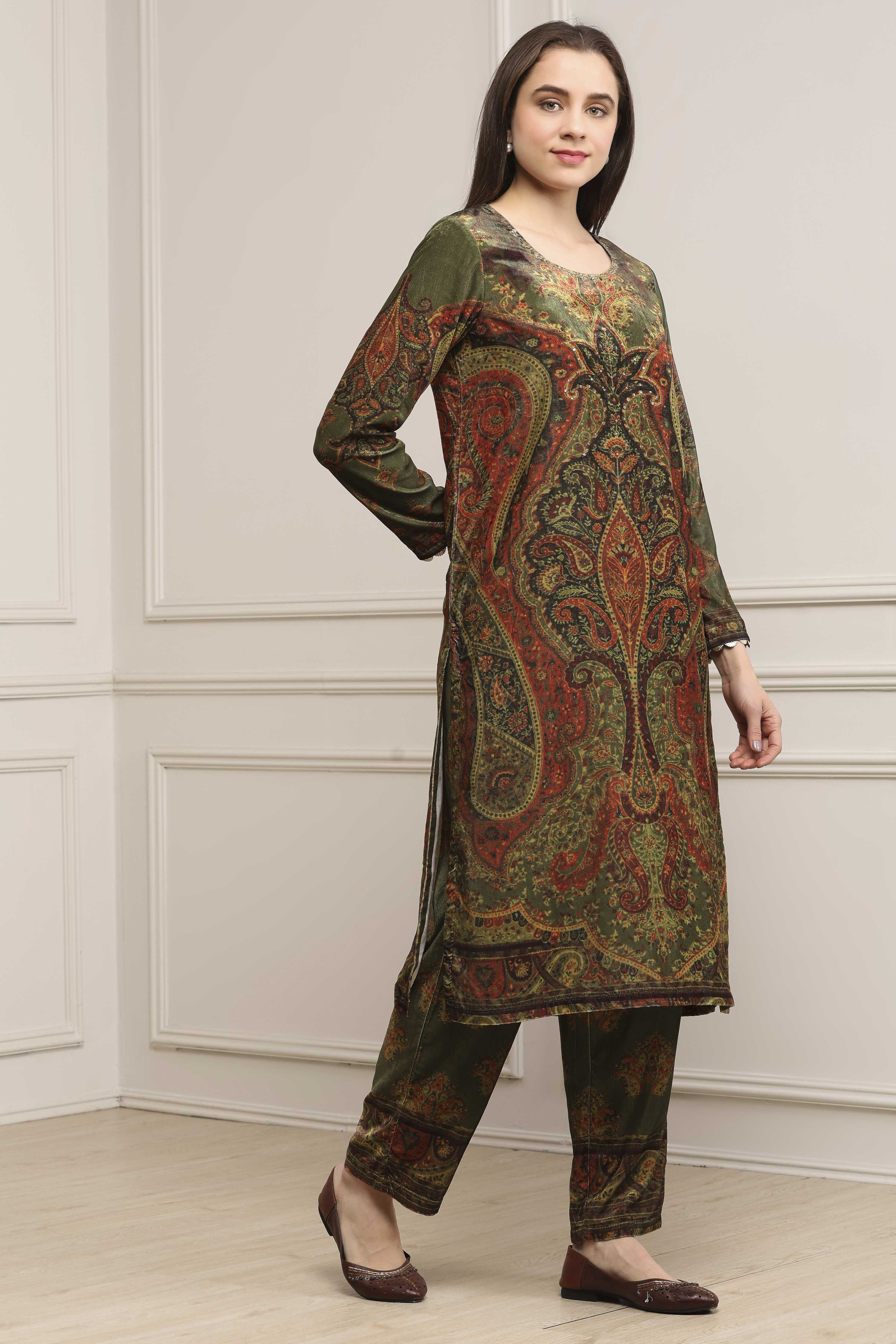 Green Polyester Straight Printed Kurta Set image number 5