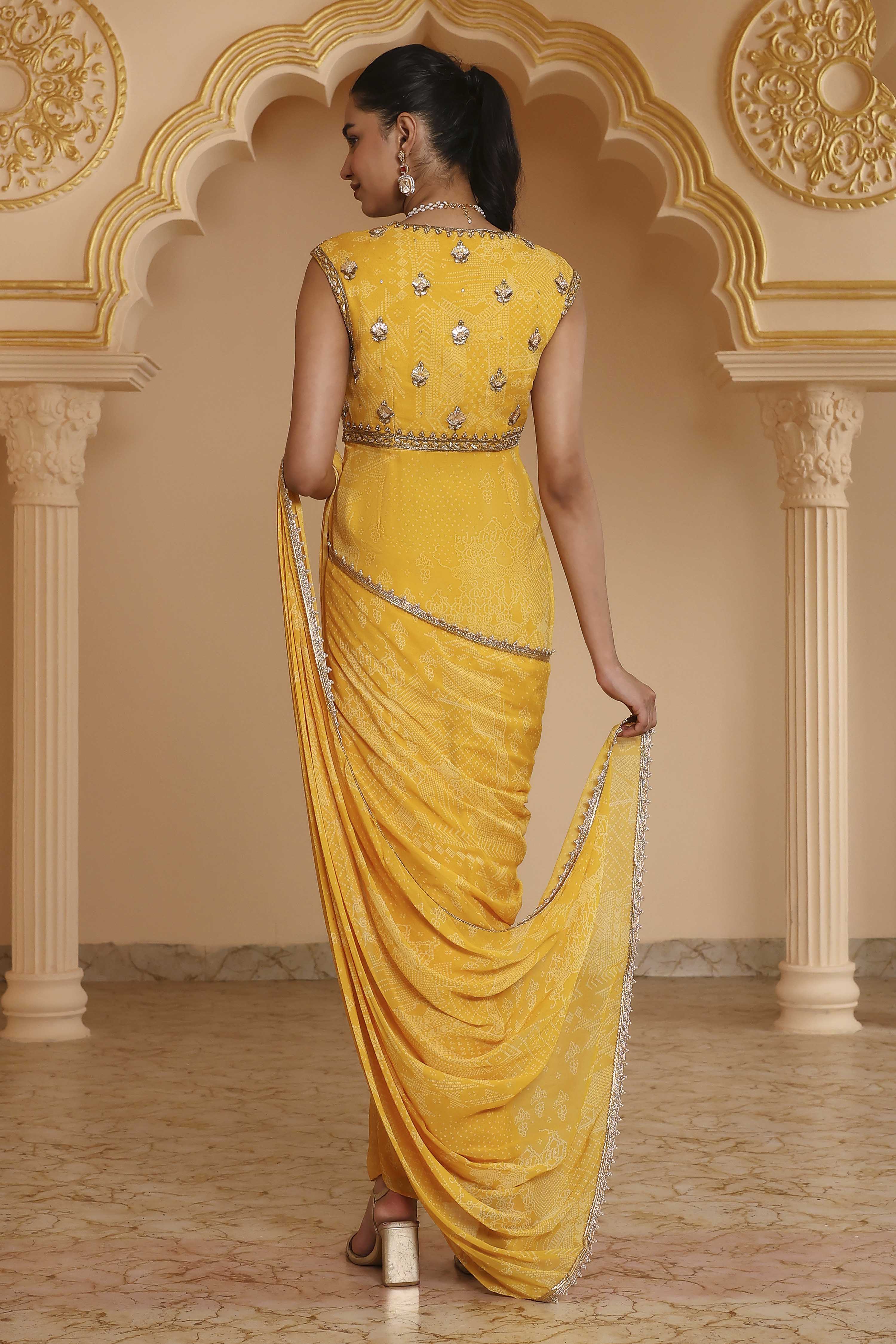 Yellow Poly Georgette Digital Printed Gown Saree image number 3