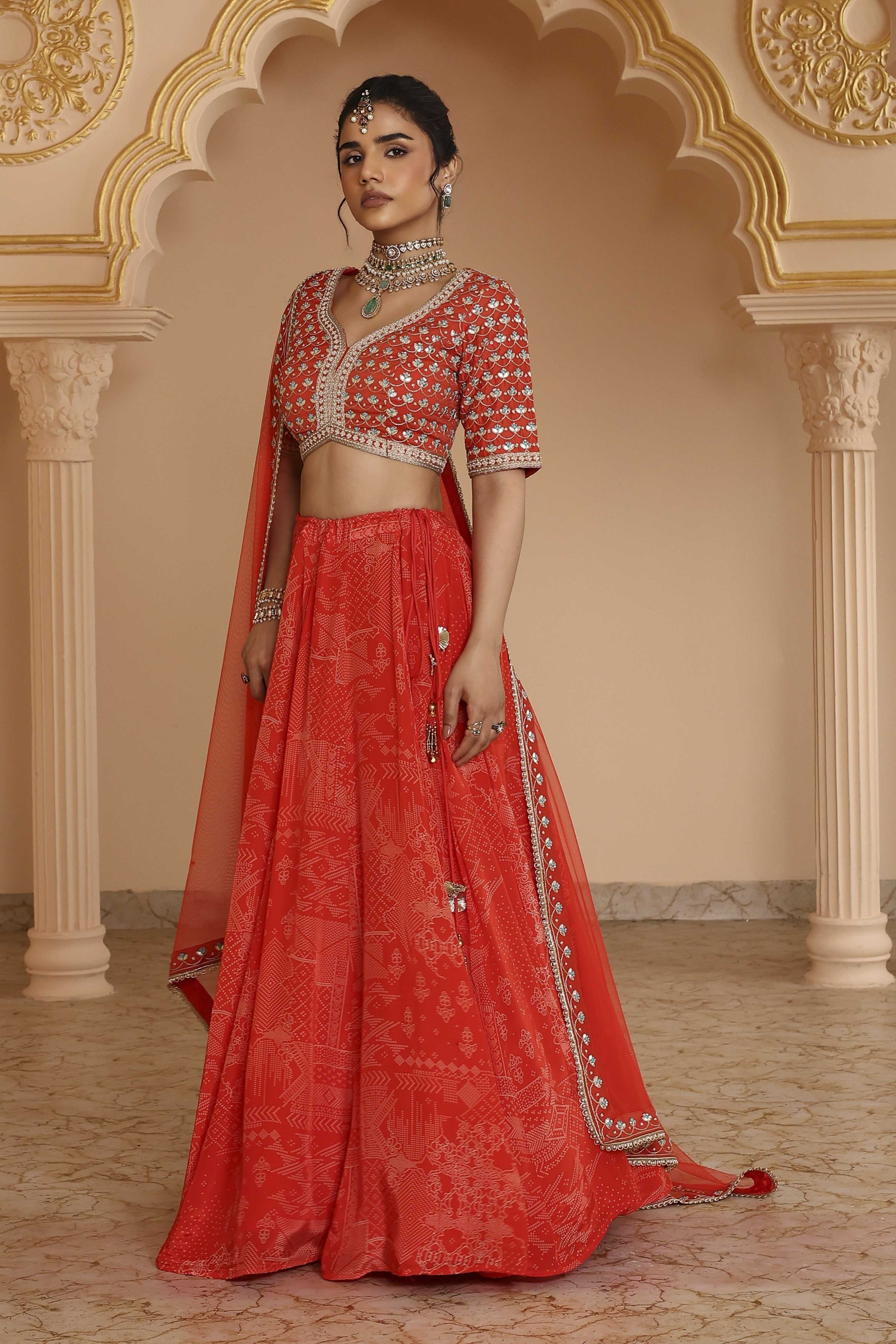 Red Chanderi Digital Printed Lehenga Set image number 3