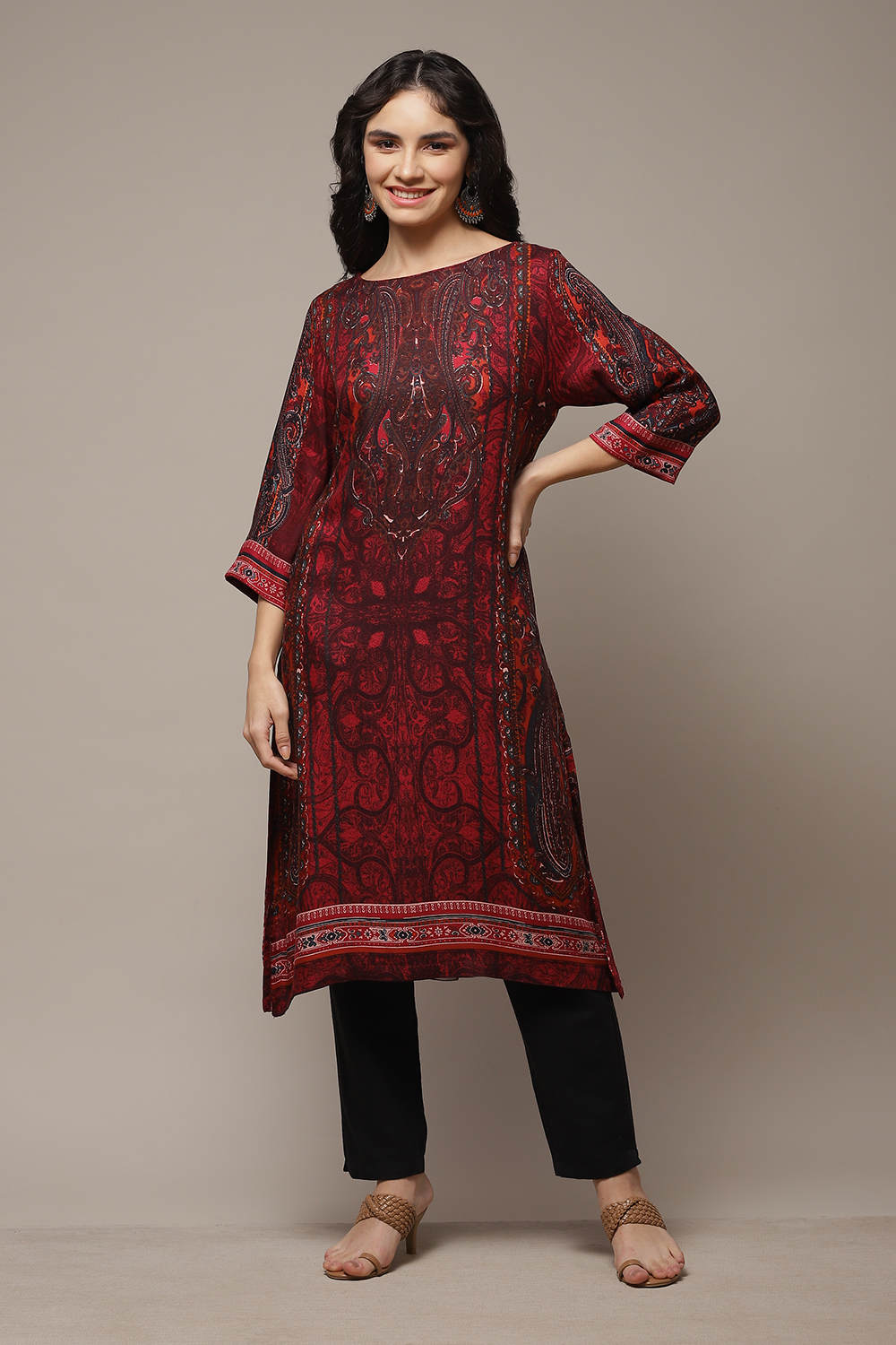 Red Viscose A-Line Printed Kurta image number 1