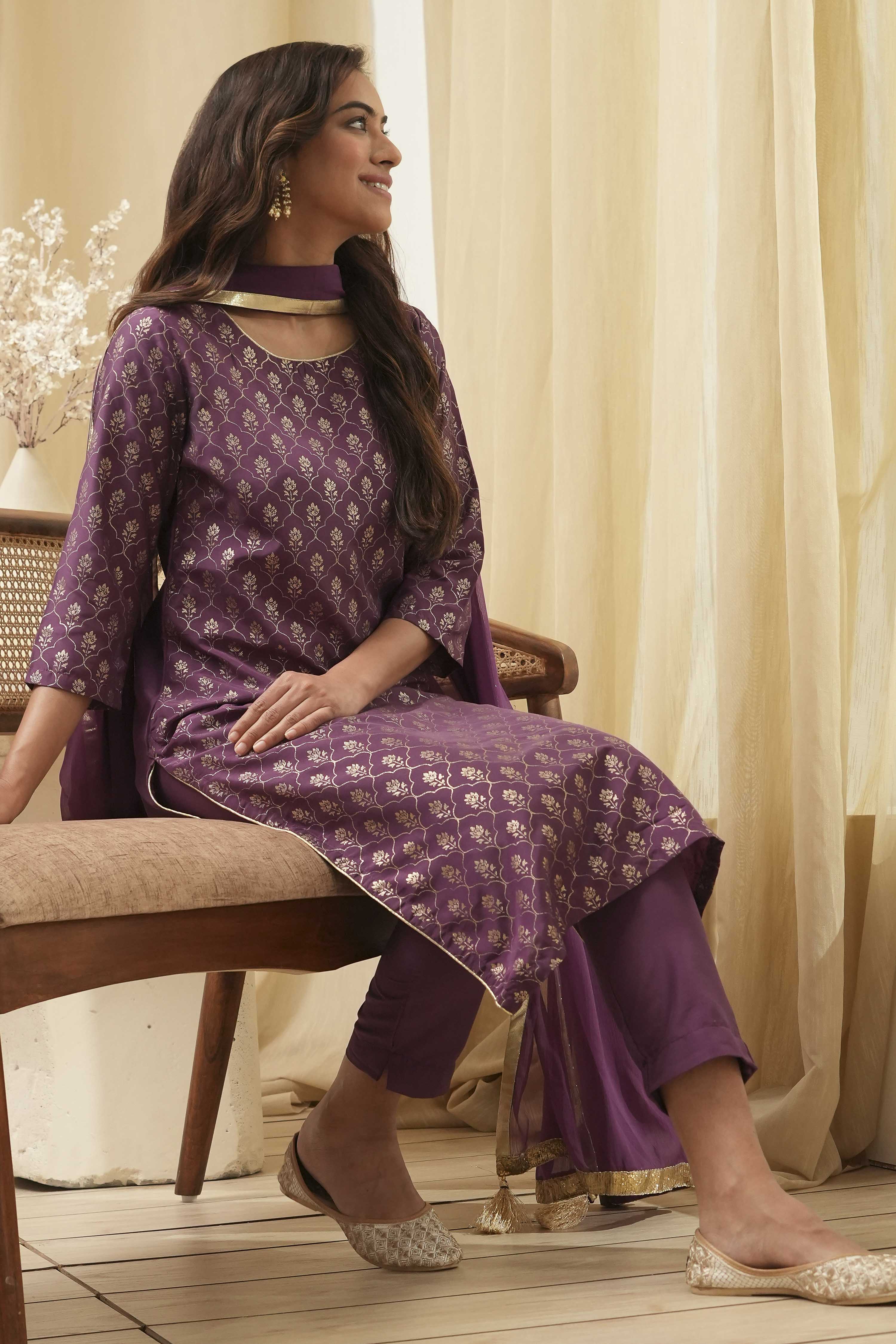 Dark Navy Art Silk Straight Kurta Slim Pants Suit Set image number 8