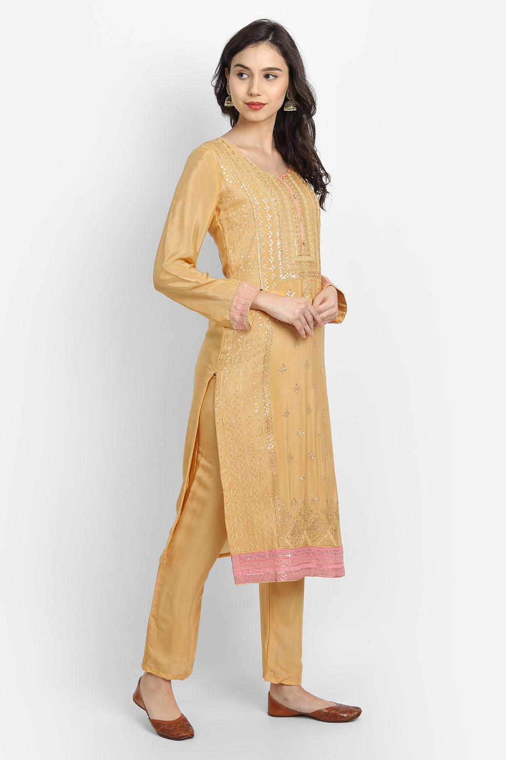 Cream Silk Blend Unstitched Suit Set image number 3