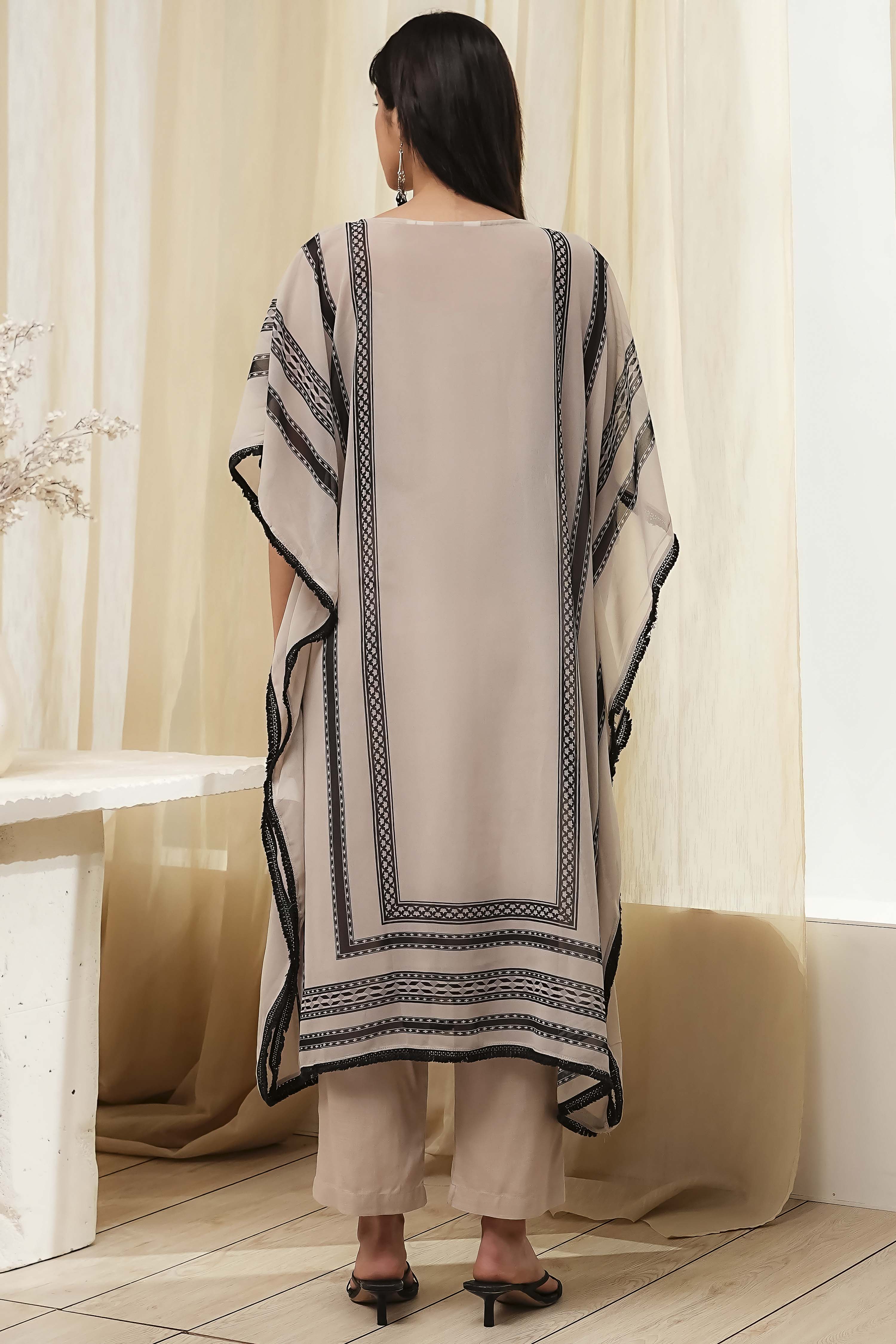 Beige and Black Printed Kaftan-Style Kurta Set image number 3
