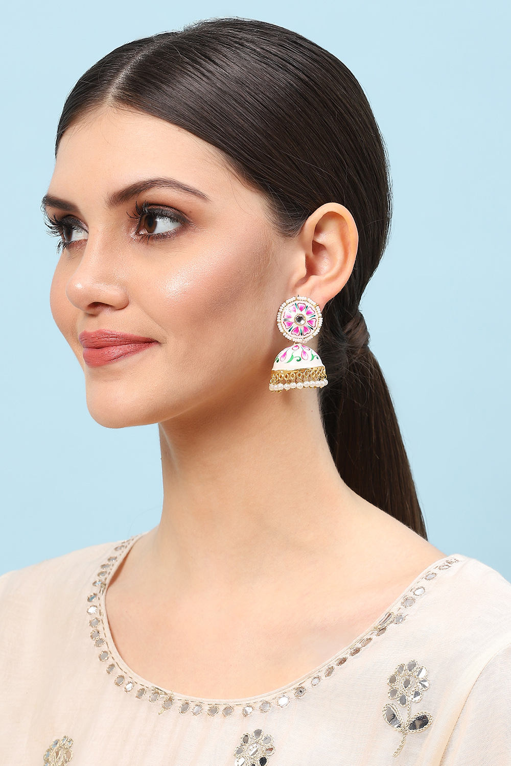 White & Pink Brass Earrings image number 3