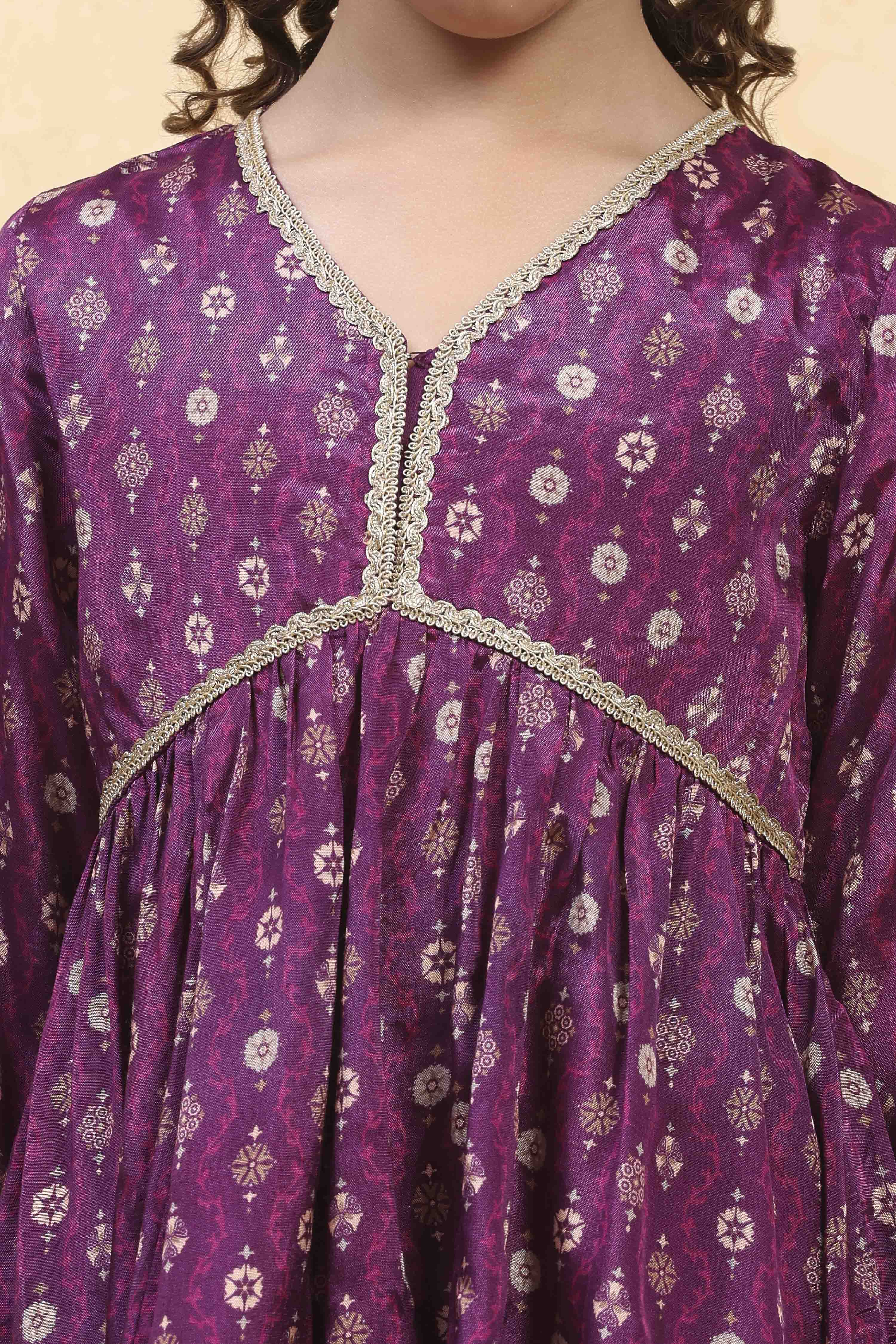 Purple Viscose Rayon Printed Peplum Suit Set image number 1