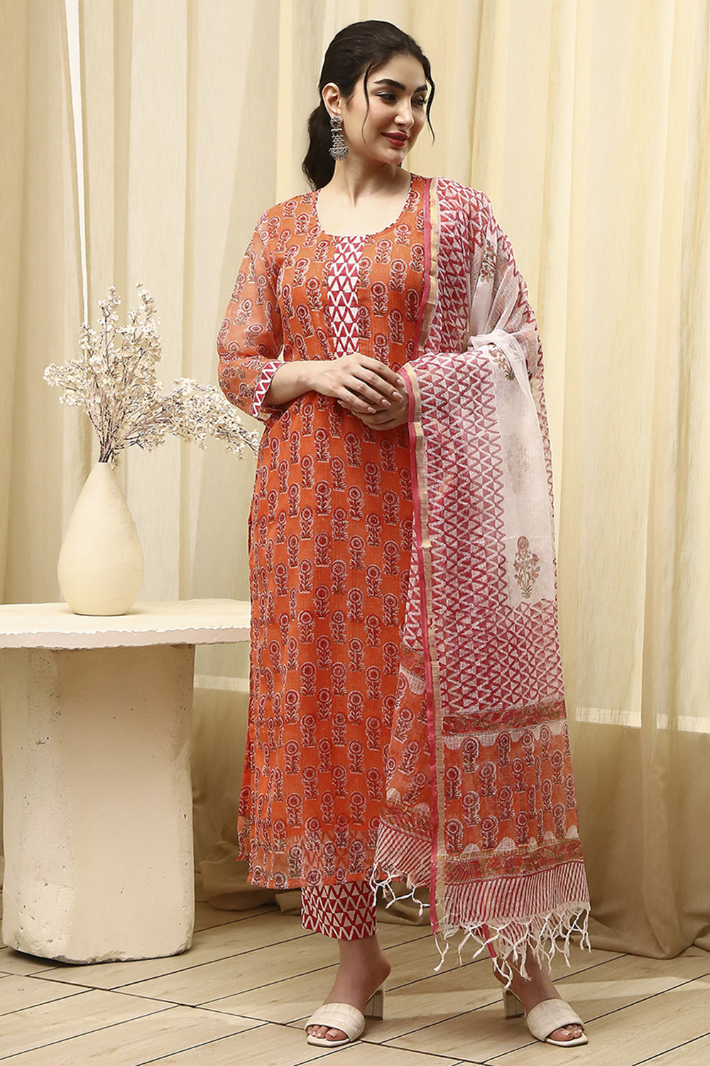 Coral Cotton Hand Block Print Unstitched Suit Set image number 2