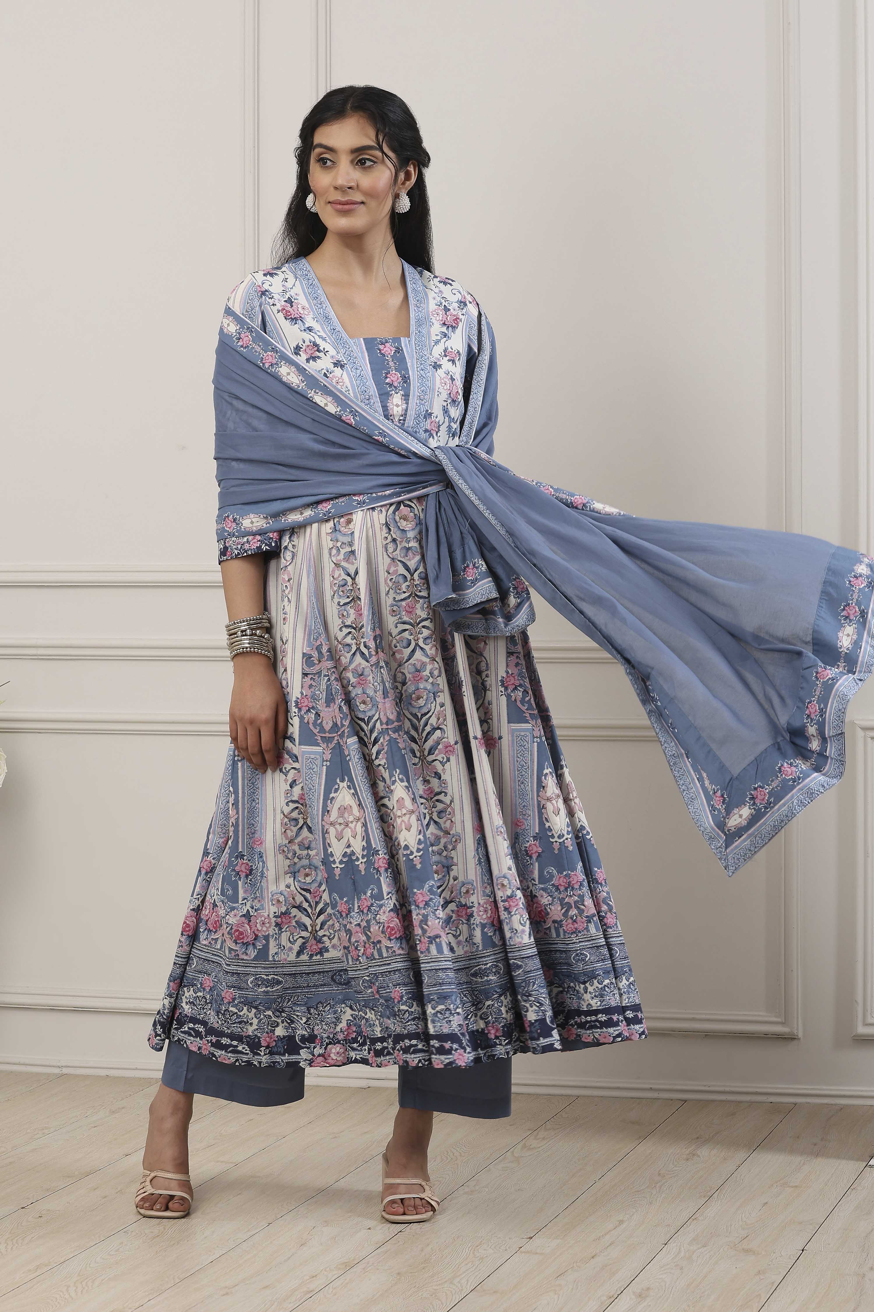 Blue Cotton Floral Printed Anarkali Suit Set image number 0