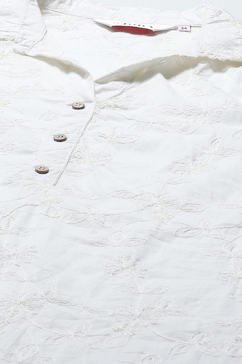 White Cotton Embroidered Straight Short Kurta image number 1