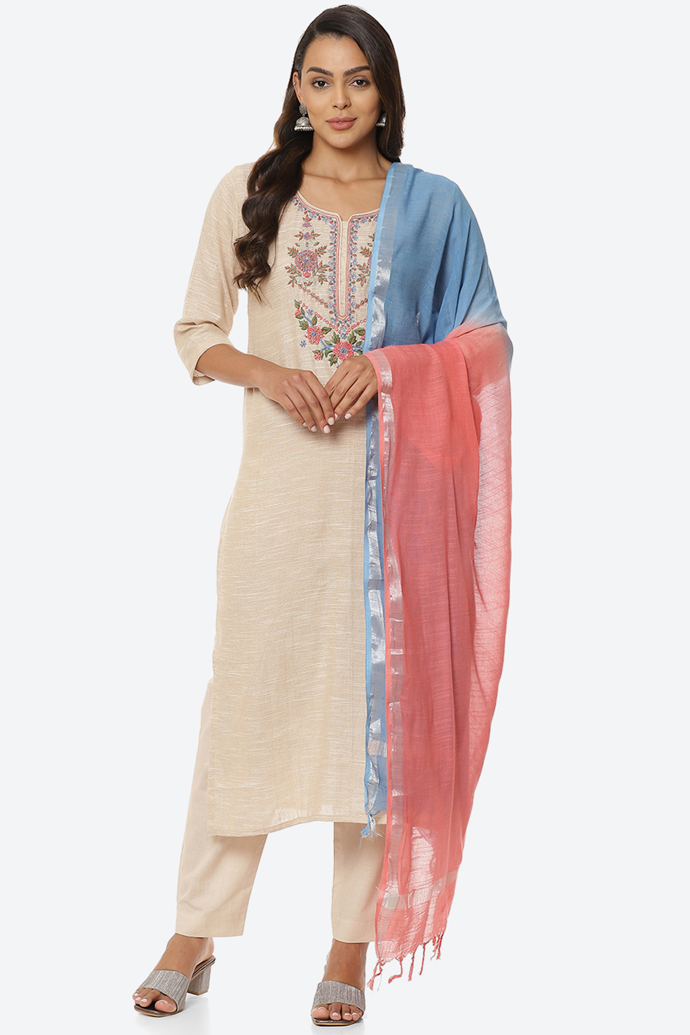 Beige Cotton Unstitched Suit Set image number 0