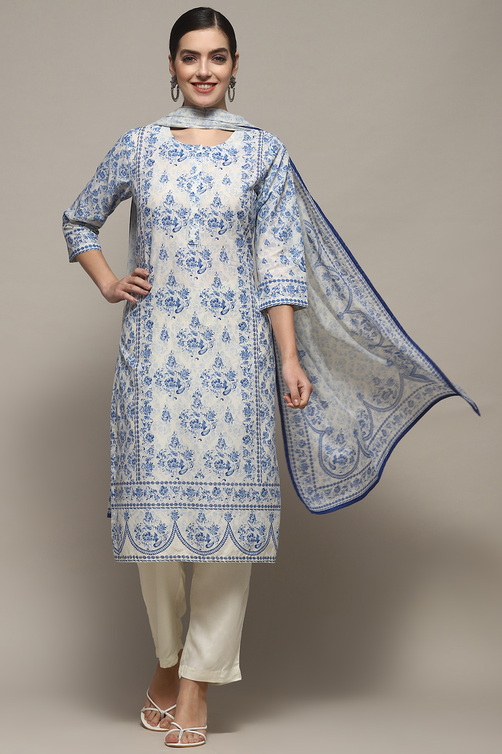 Off-White and Blue Cotton Floral Straight Suit Set image number 7