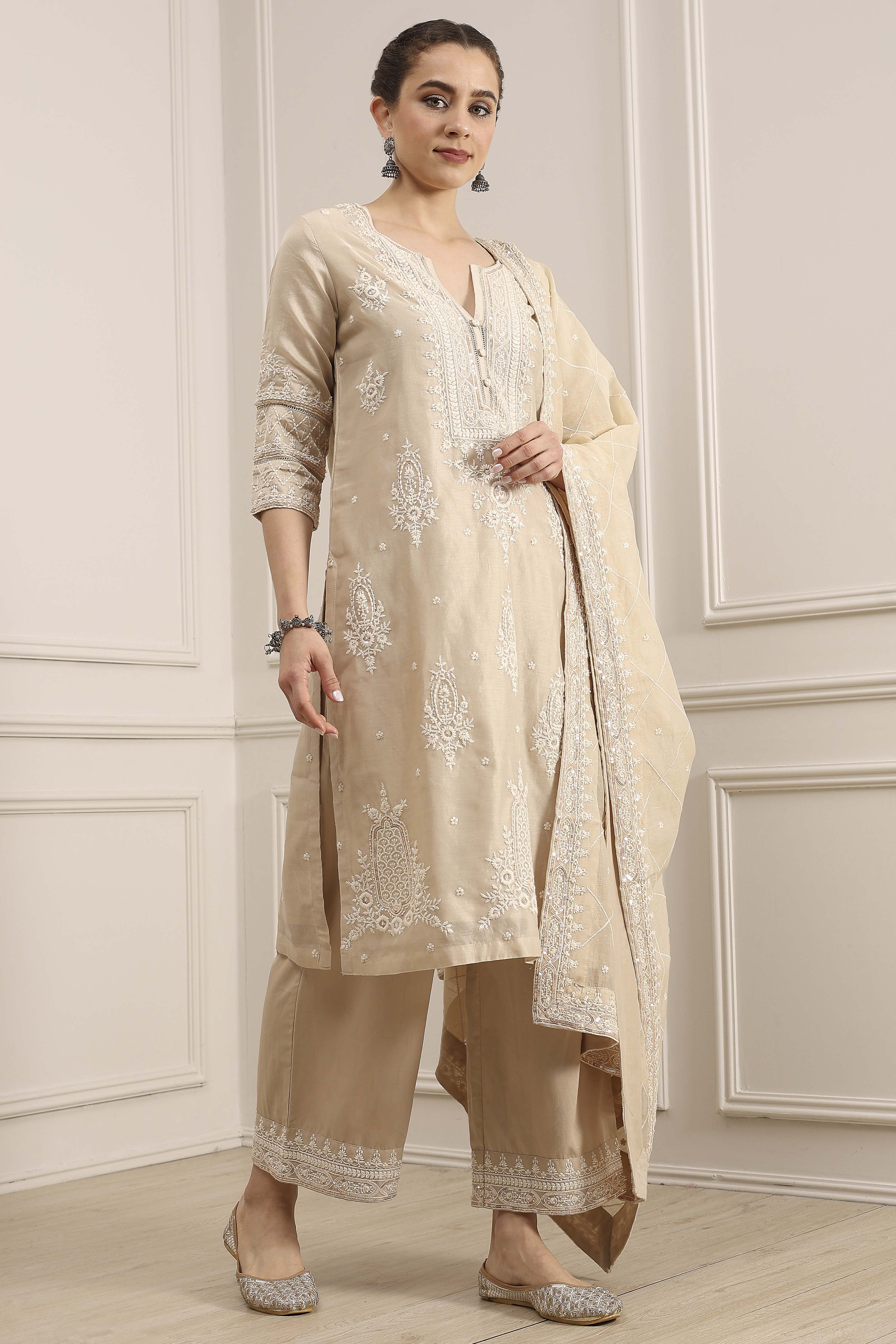 Natural White Chanderi Embroidered Straight Suit Set image number 5
