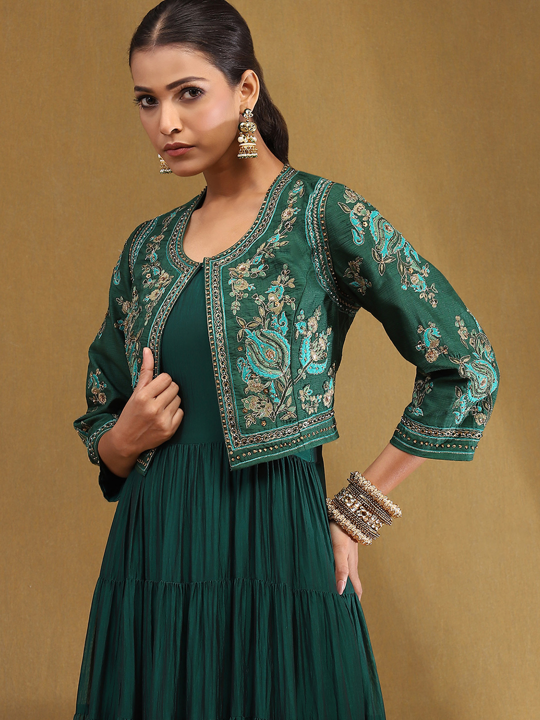 Emerald Green Silk Festive Tiered Anarkali Dress image number 1
