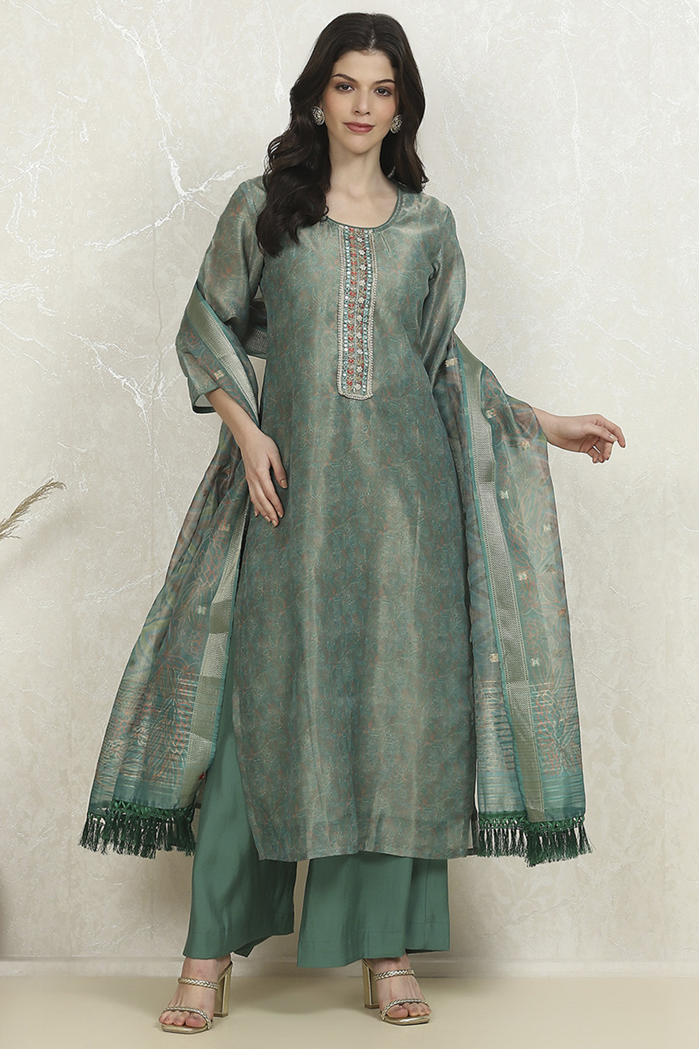 Orange Cotton Printed Embroidered Unstitched Suit Set image number 1