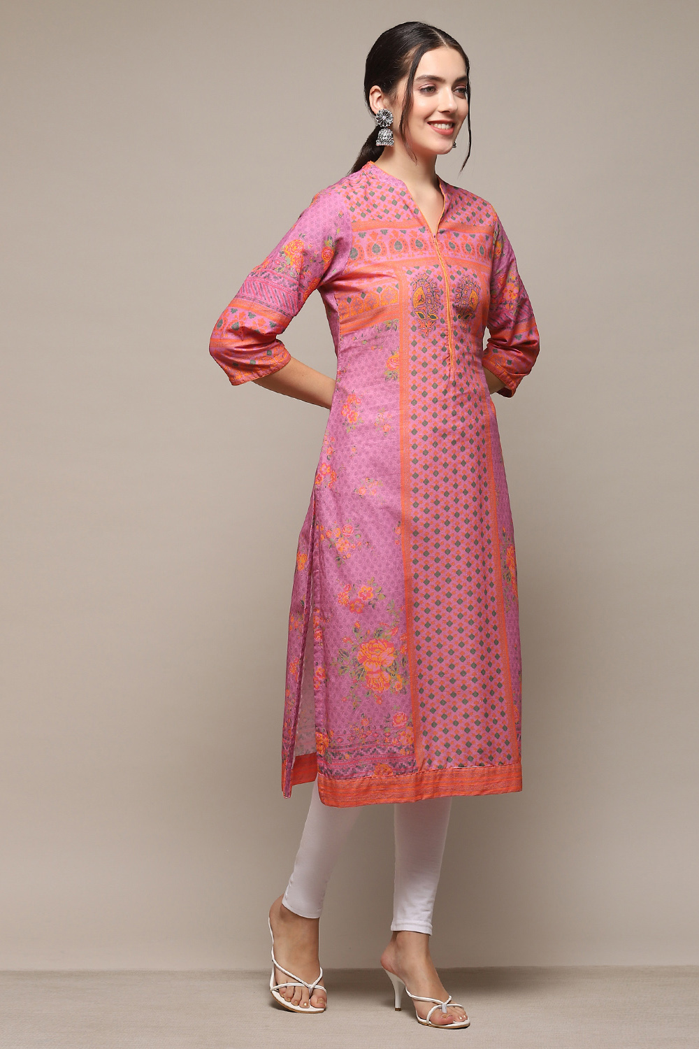 Purple Cotton Printed Straight Kurta image number 4