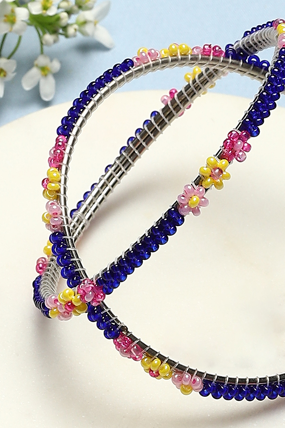 Purple Pink Yellow Metal And Beads Bangles image number 1