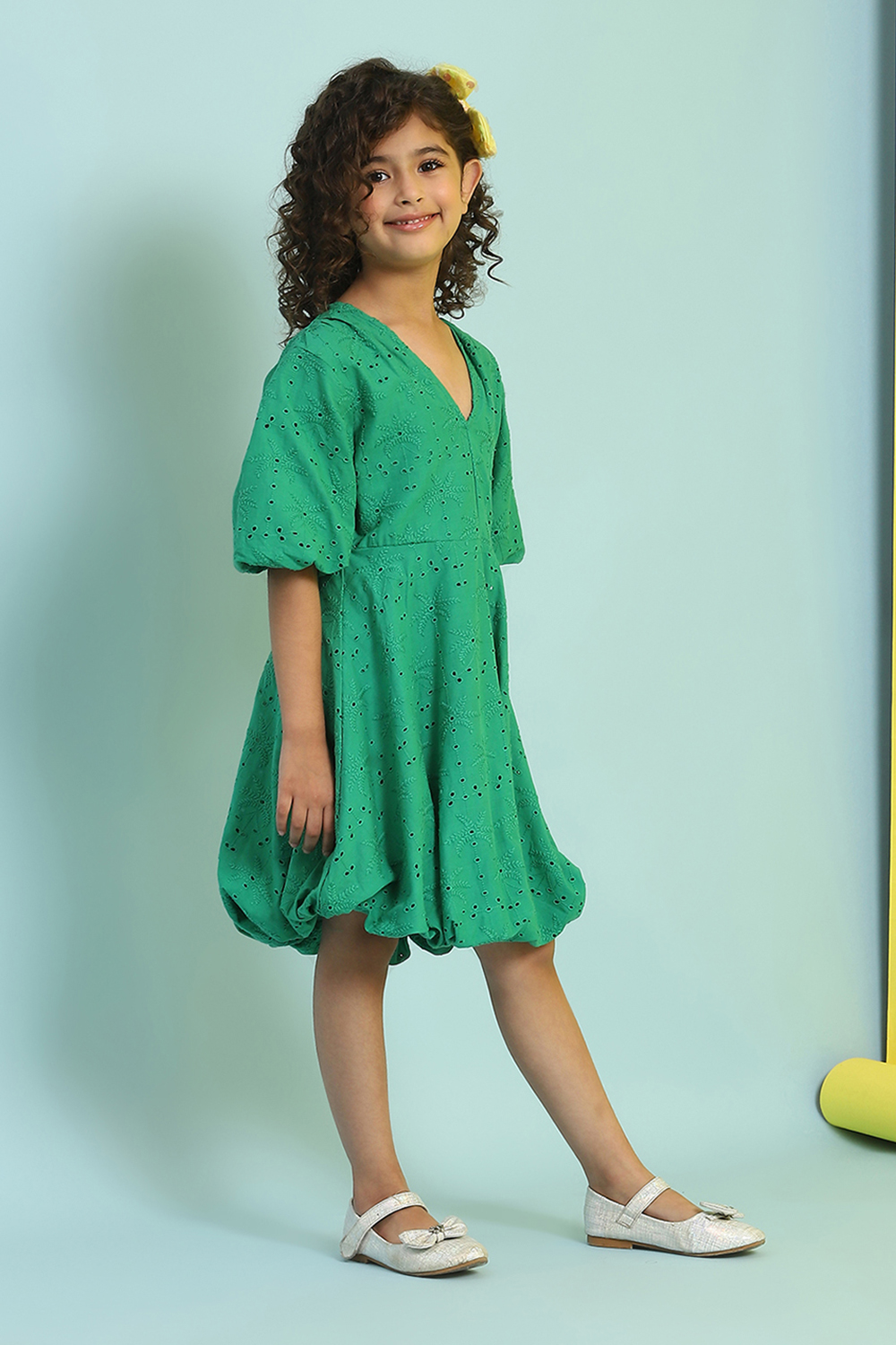 Green Cotton Schiffli Flared Dress image number 4