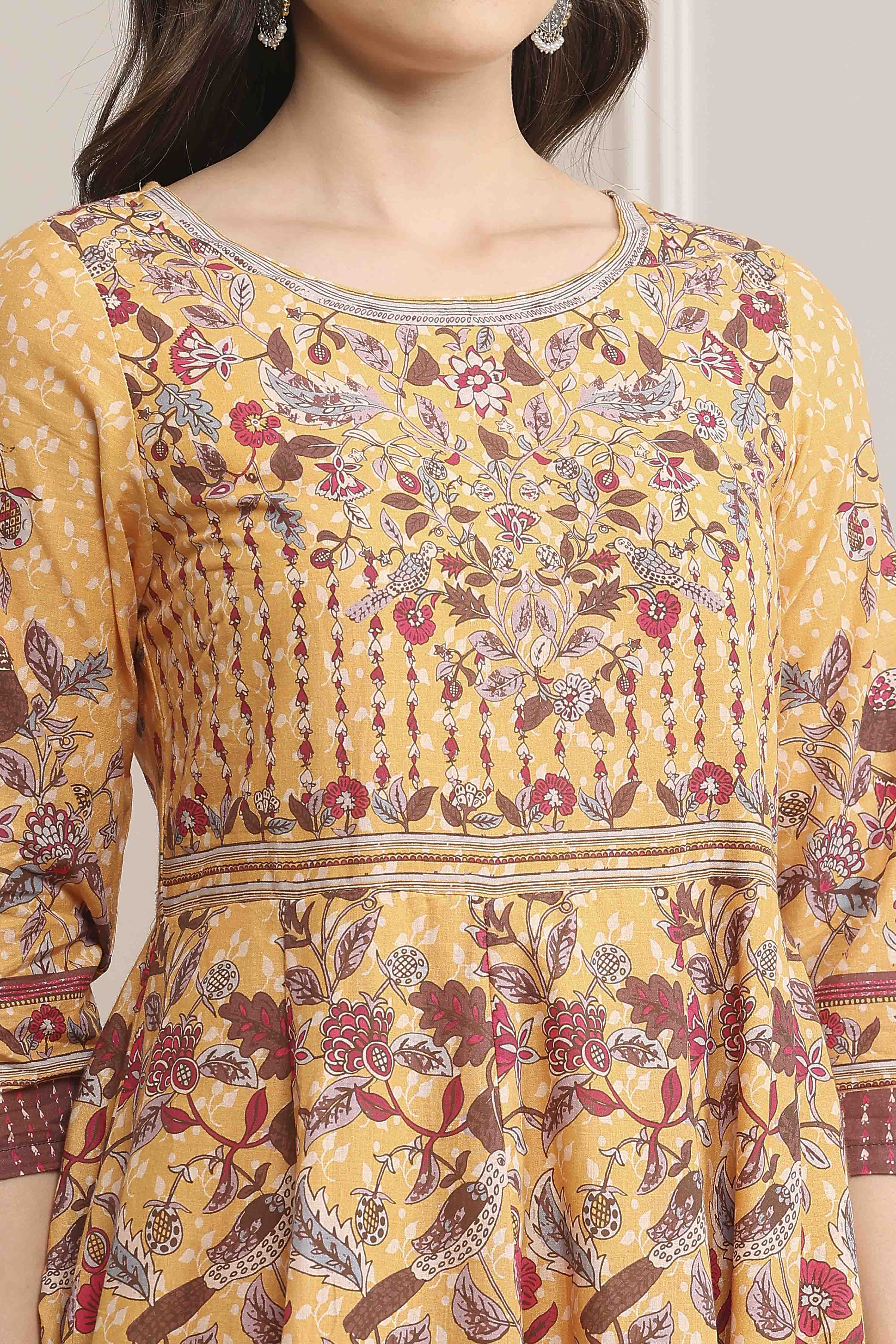 Beige Cotton Printed Anarkali Suit Set image number 1