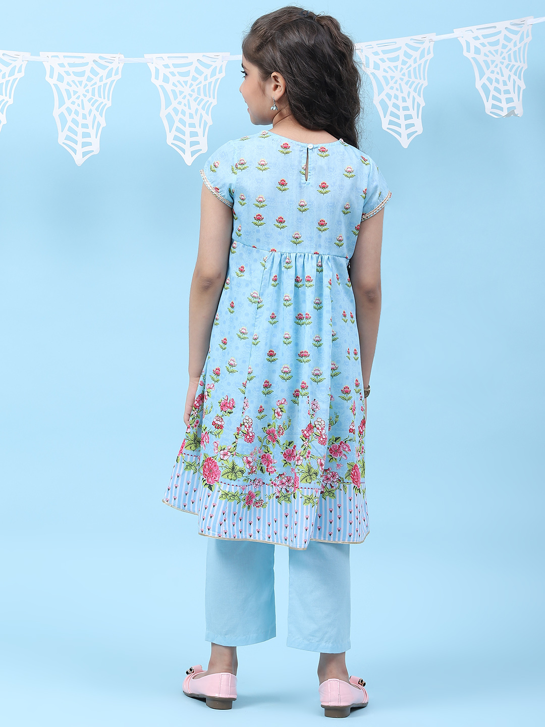 Sky Blue Art Silk Straight Printed Kurta Set image number 4