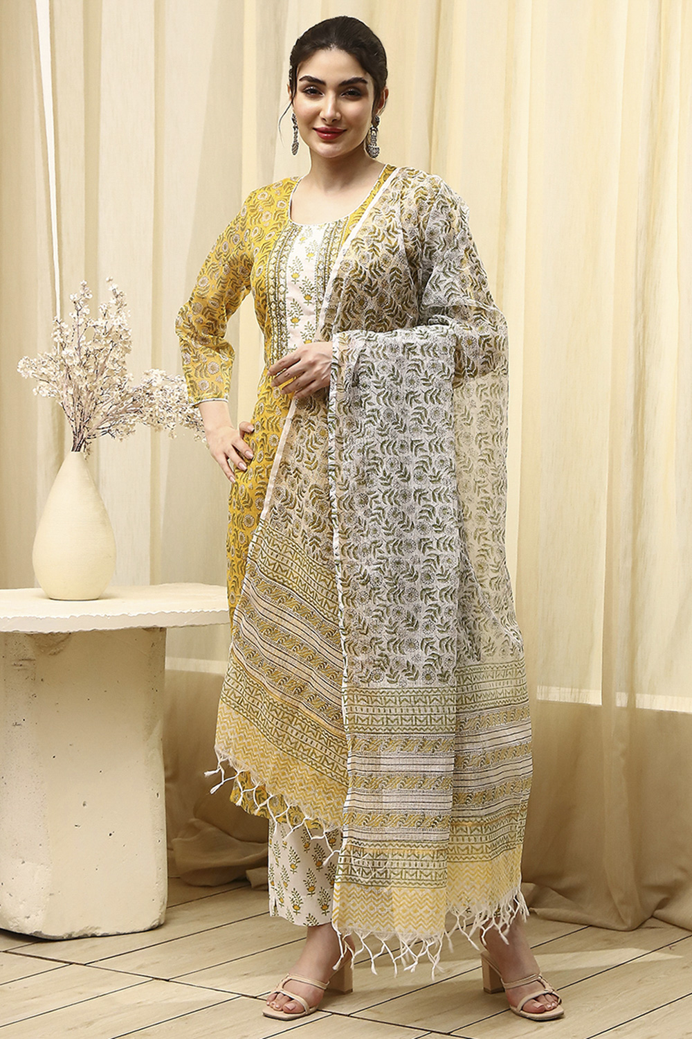 Coral Cotton Hand Block Print Unstitched Suit Set image number 2