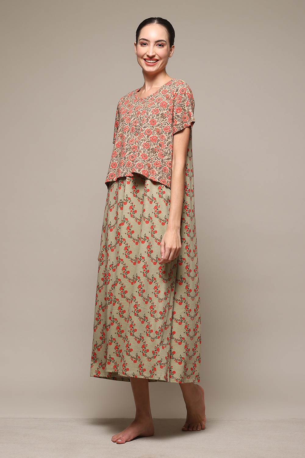 Sage Green Cotton Blend Printed Nightdress image number 2