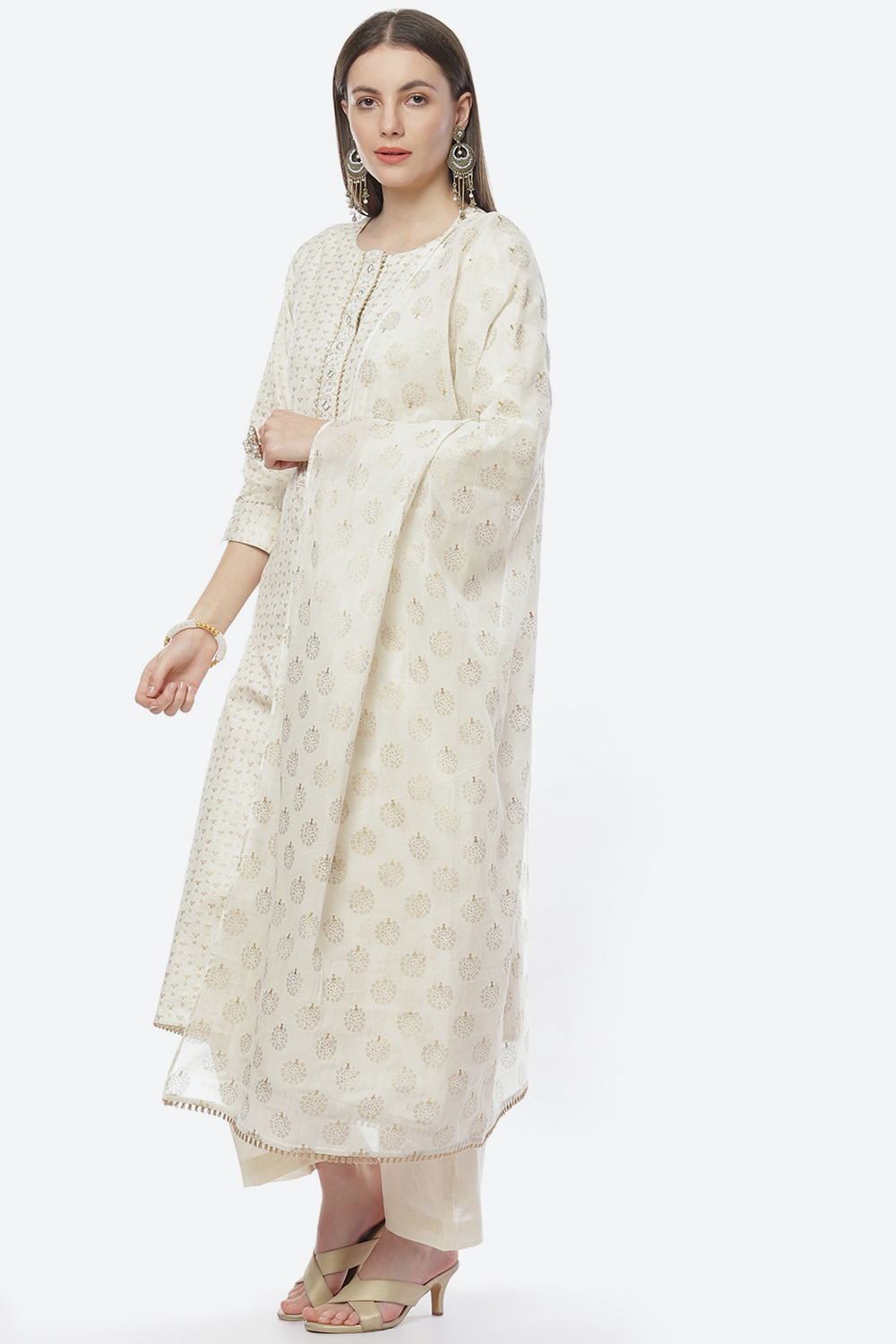 Off White Cotton Hand Block Print Unstitched Suit Set image number 5