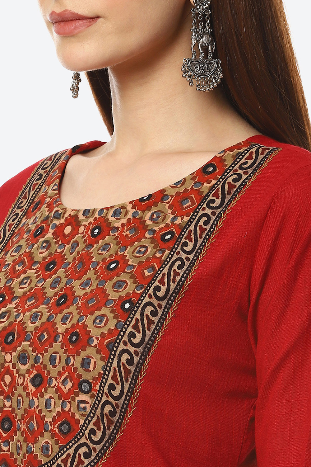 Red Cotton Blend Unstitched Suit Set image number 1
