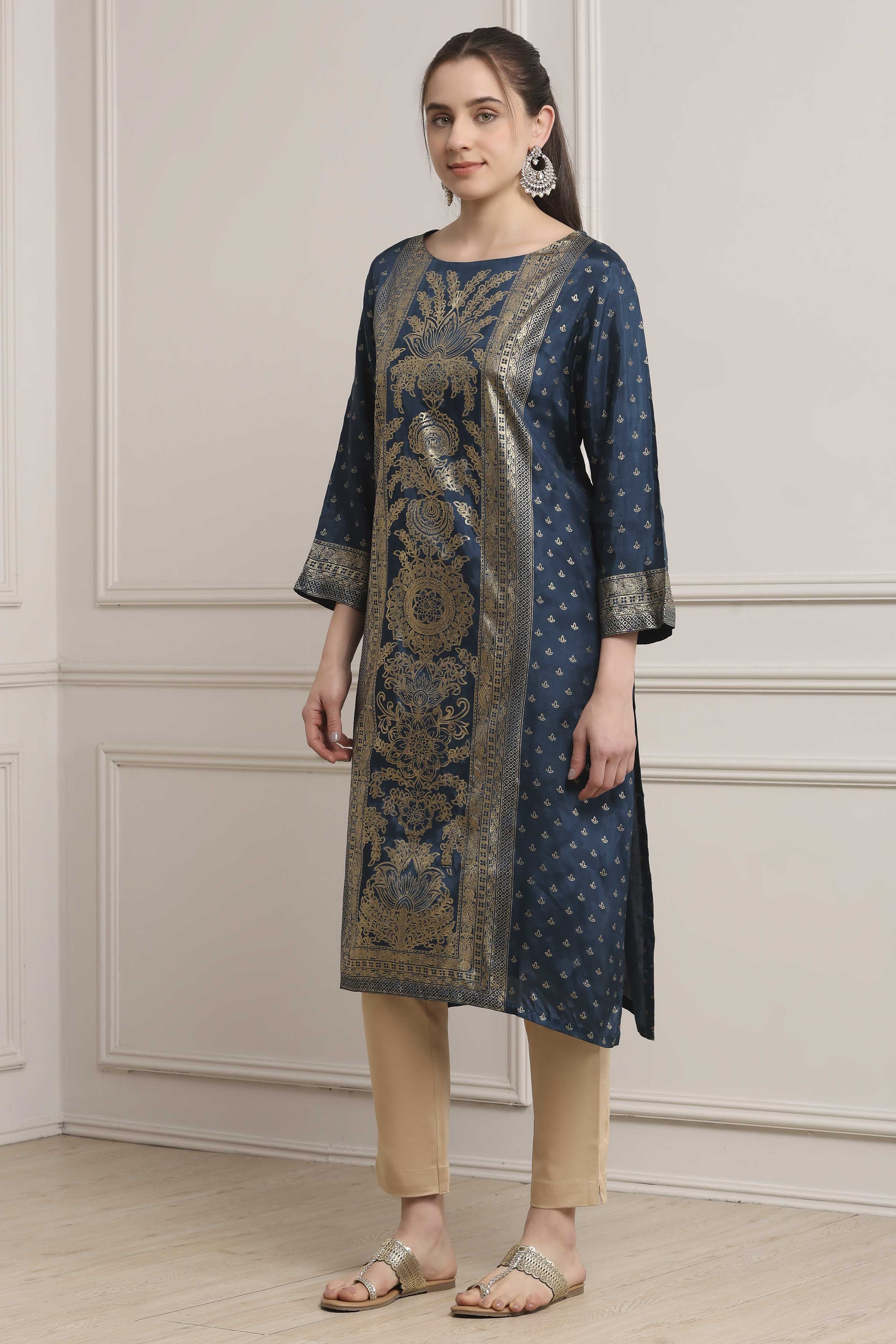 Indigo Viscose Rayon A-Line Kurta Pants Set image number 3