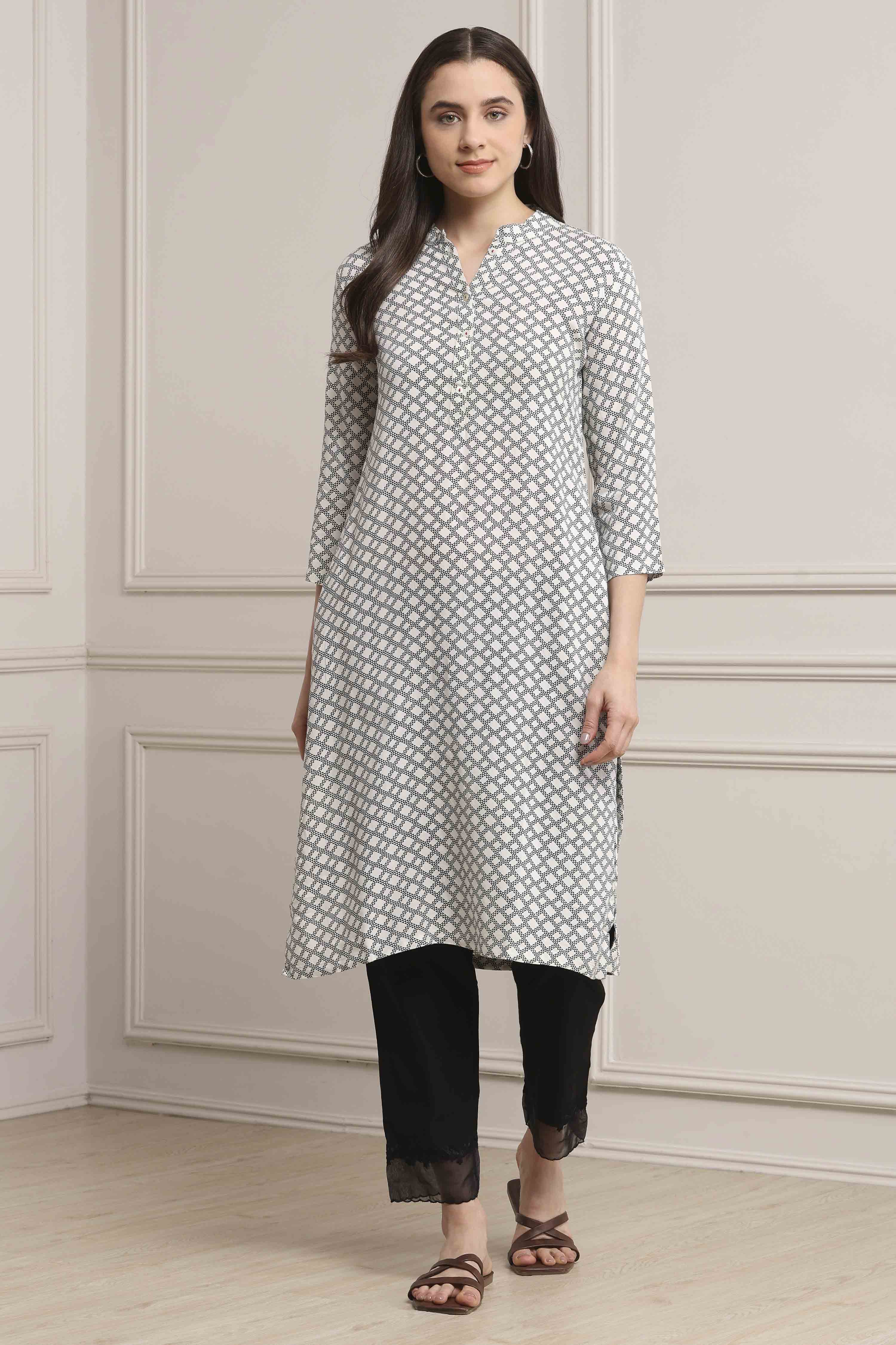 Black-White Viscose Rayon A-Line Kurta Pants Set image number 6