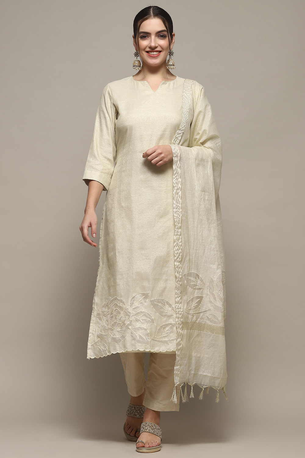 Off White Tissue Unstitched Suit set image number 8