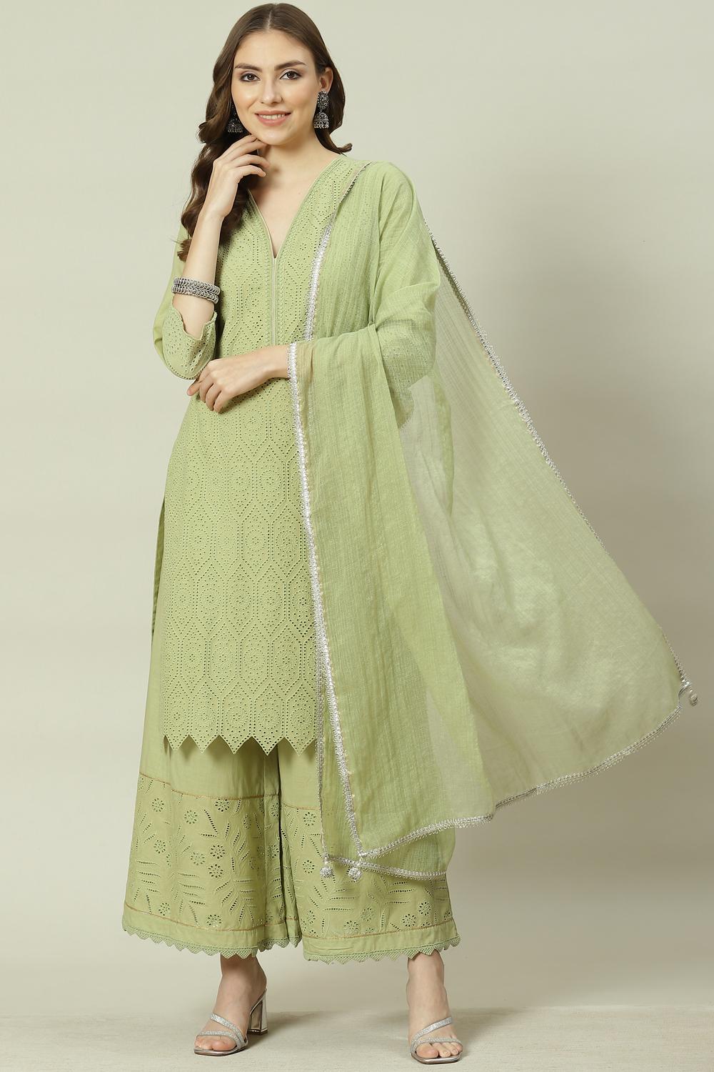 Soft Green Straight Kurta Palazzo Suit Set image number 0