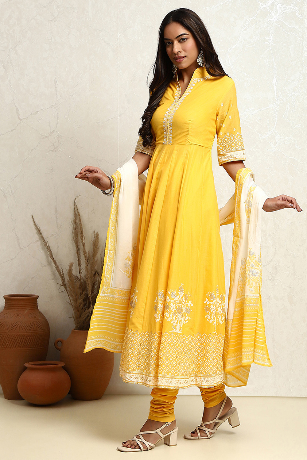 Yellow Blue Printed Cotton Anarkali Suit Set image number 3