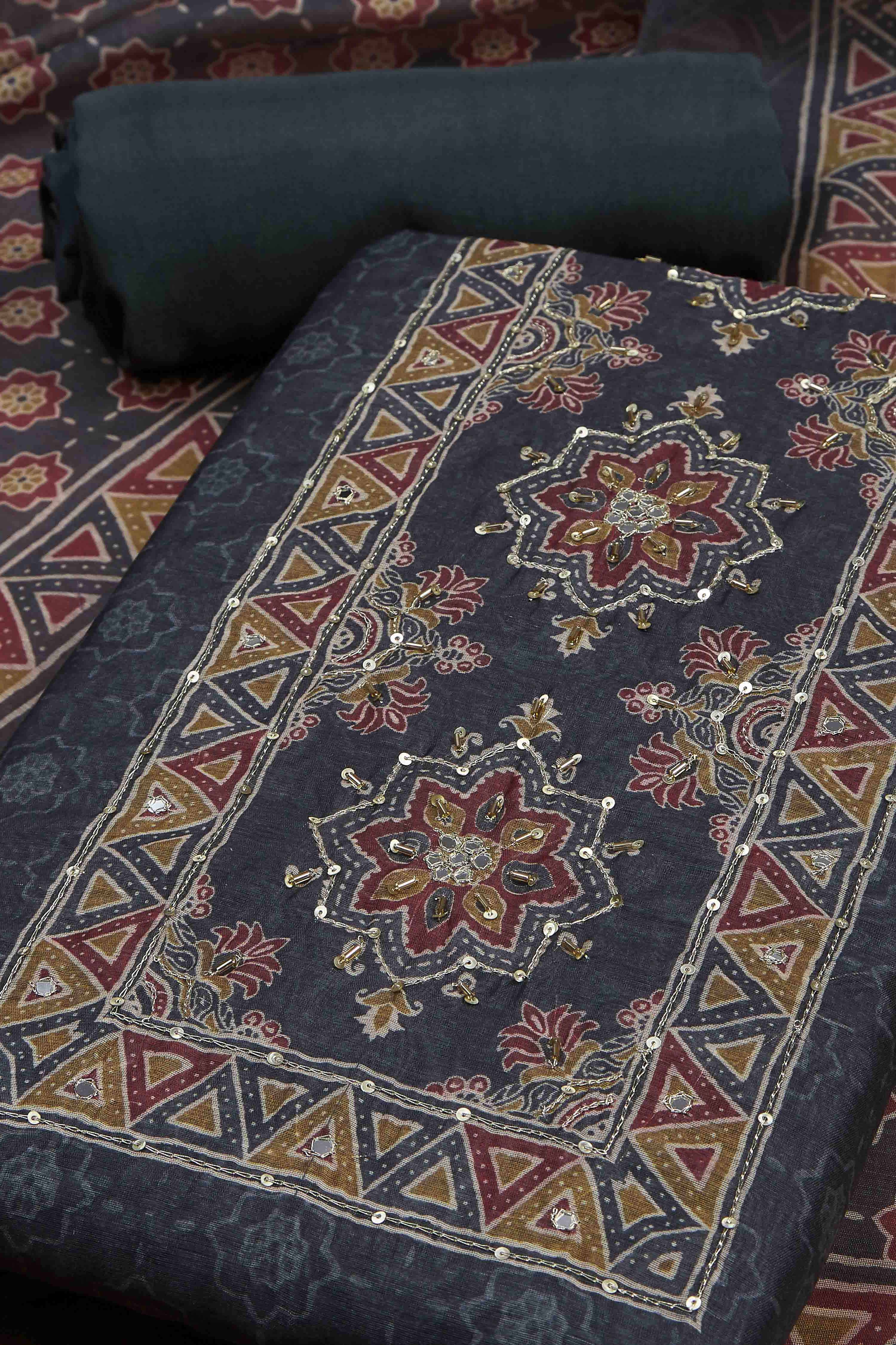 Grey Chanderi Rajasthani Print Unstitched Suit Set image number 1