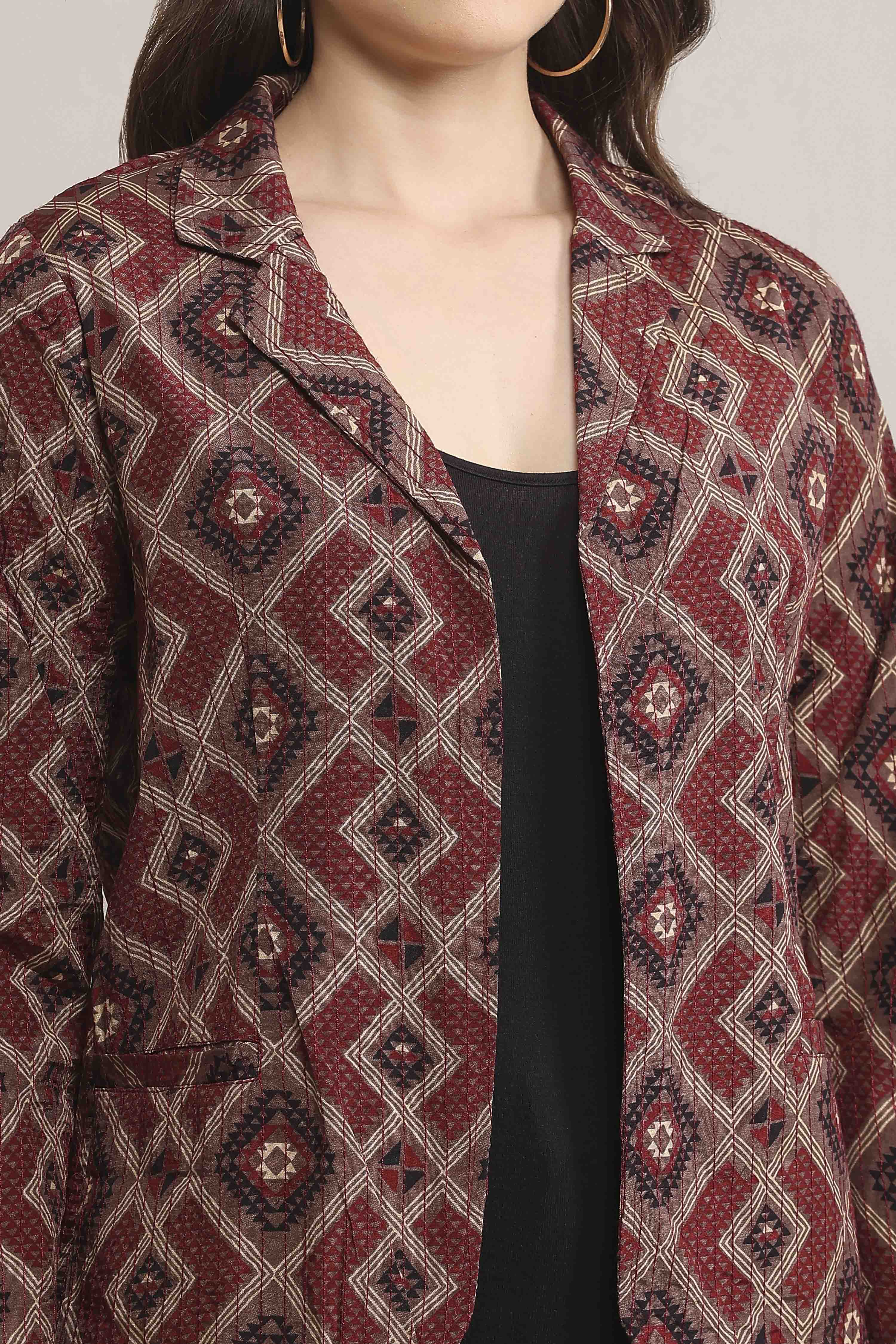 Black Viscose Straight Printed Jacket image number 1