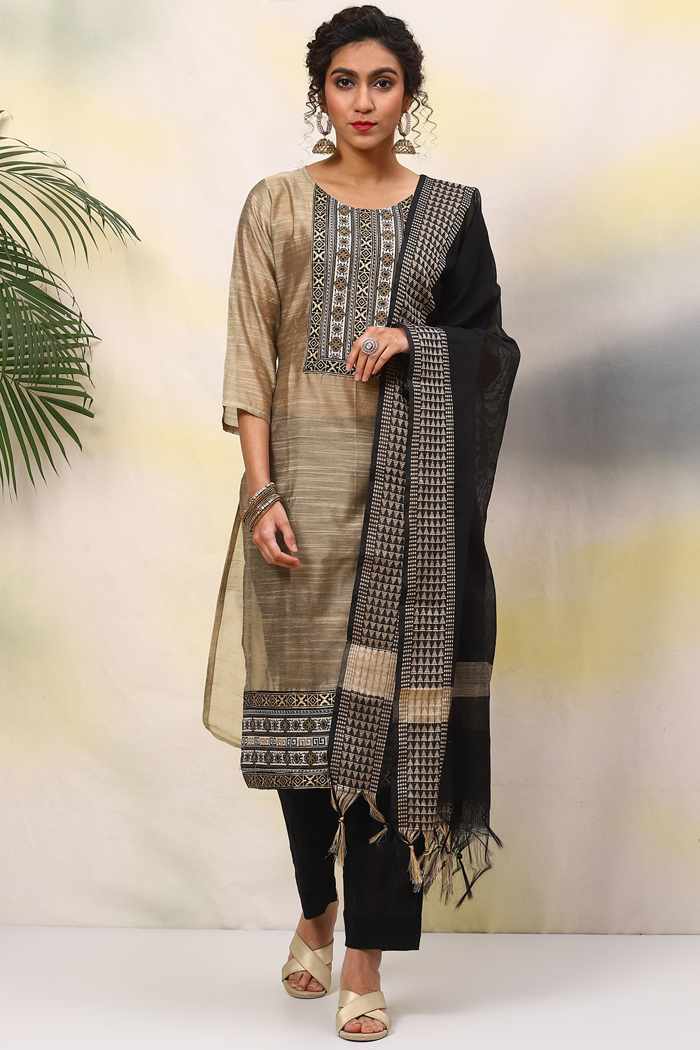 Beige Cotton Handloom Unstitched Suit Set image number 0