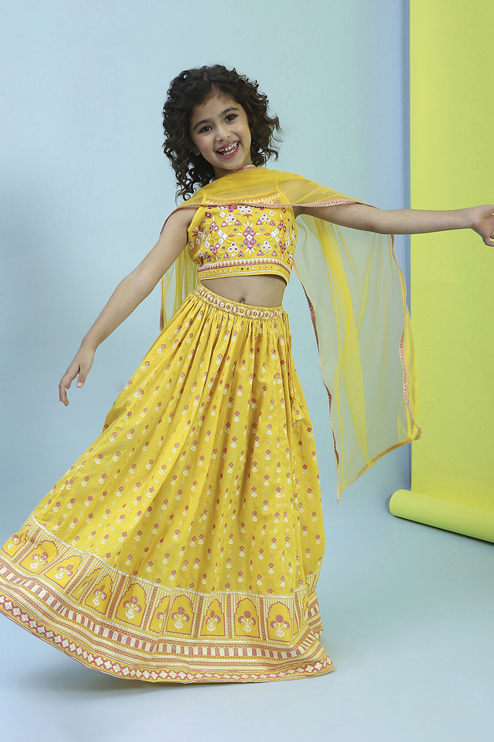 Yellow Cotton Printed Strappy Lehenga Set image number 6