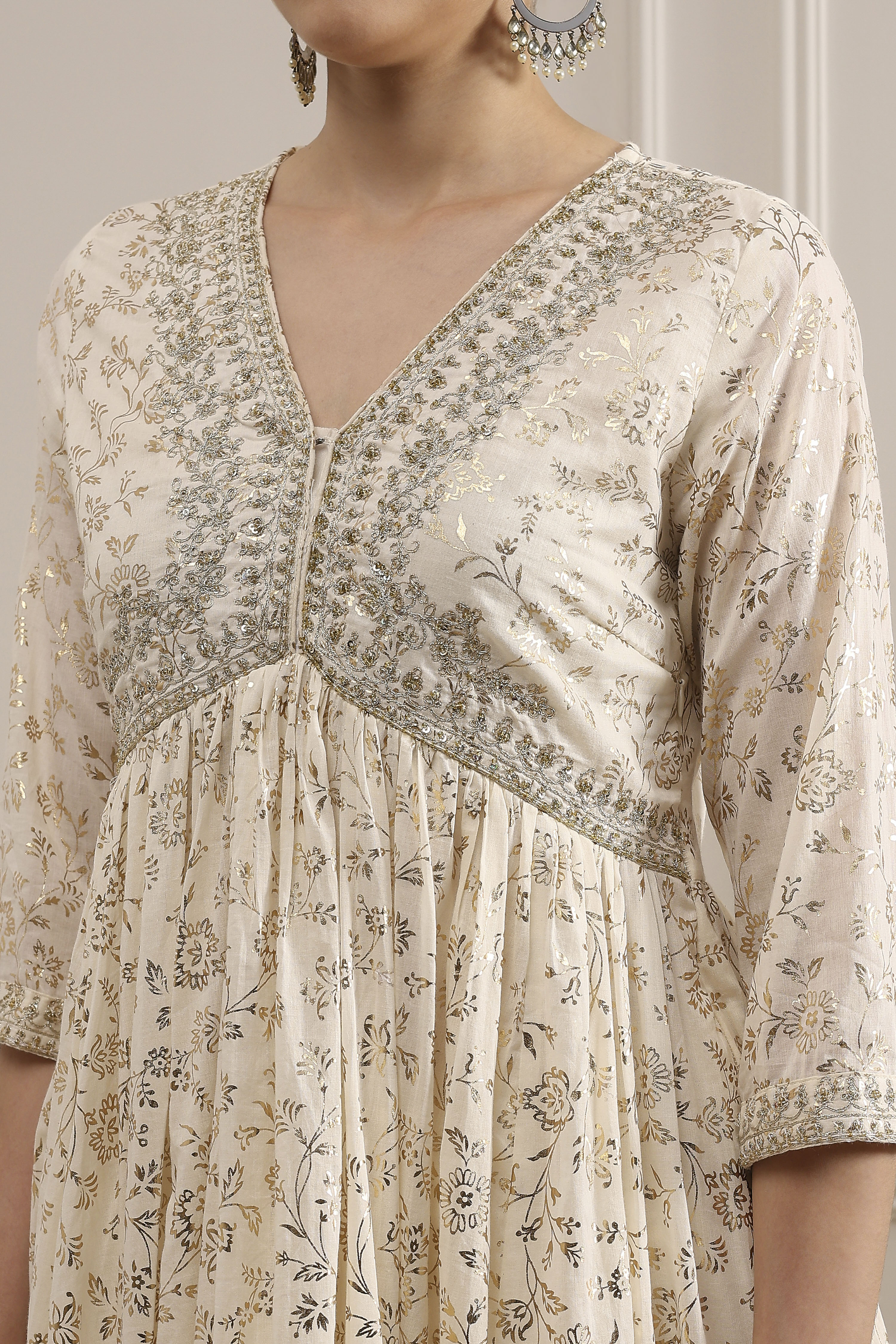 Off-White Cotton Foil Printed Anarkali Suit Set image number 1