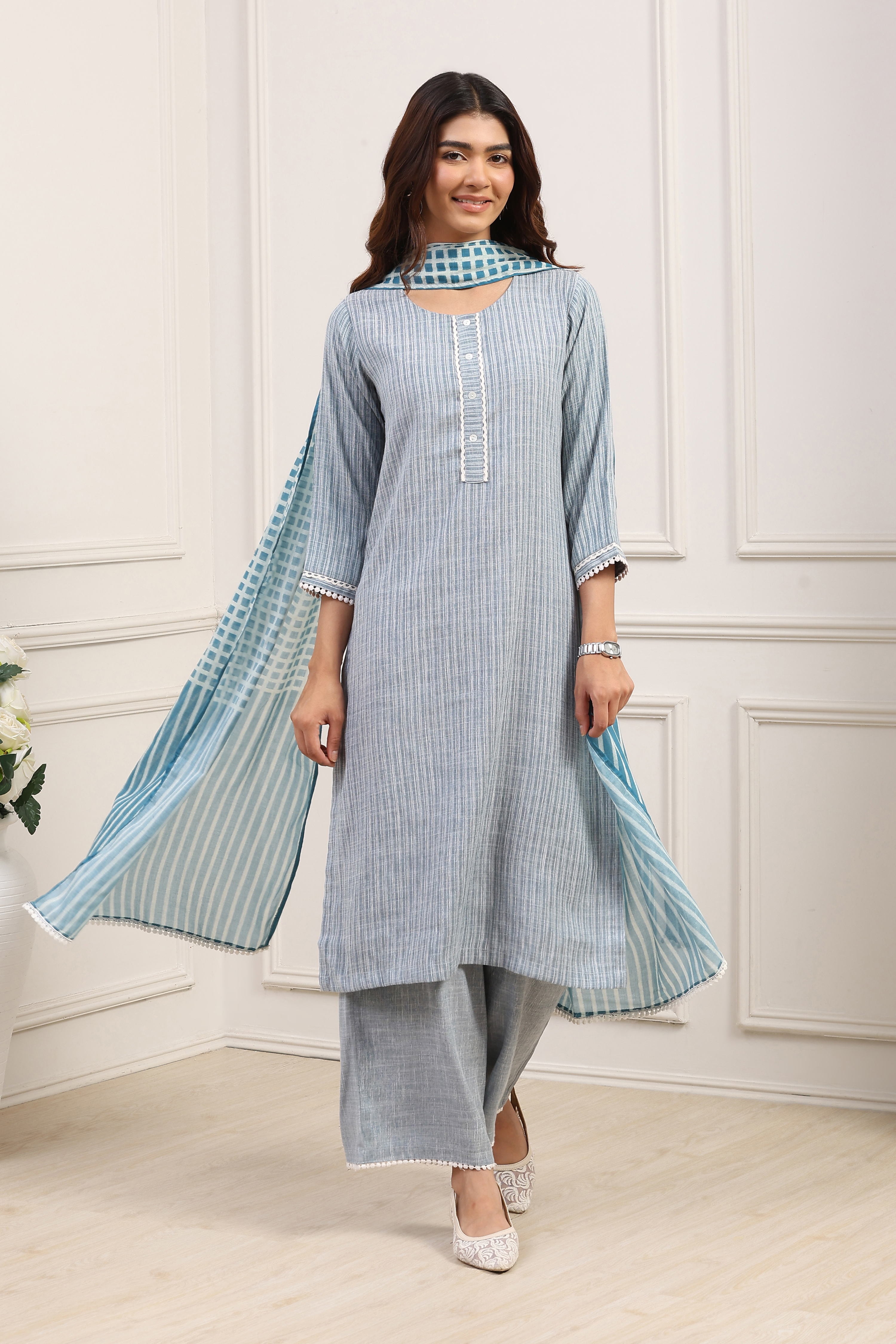 Pale Yellow Cotton Blend Straight Kurta Palazzo Suit Set image number 6