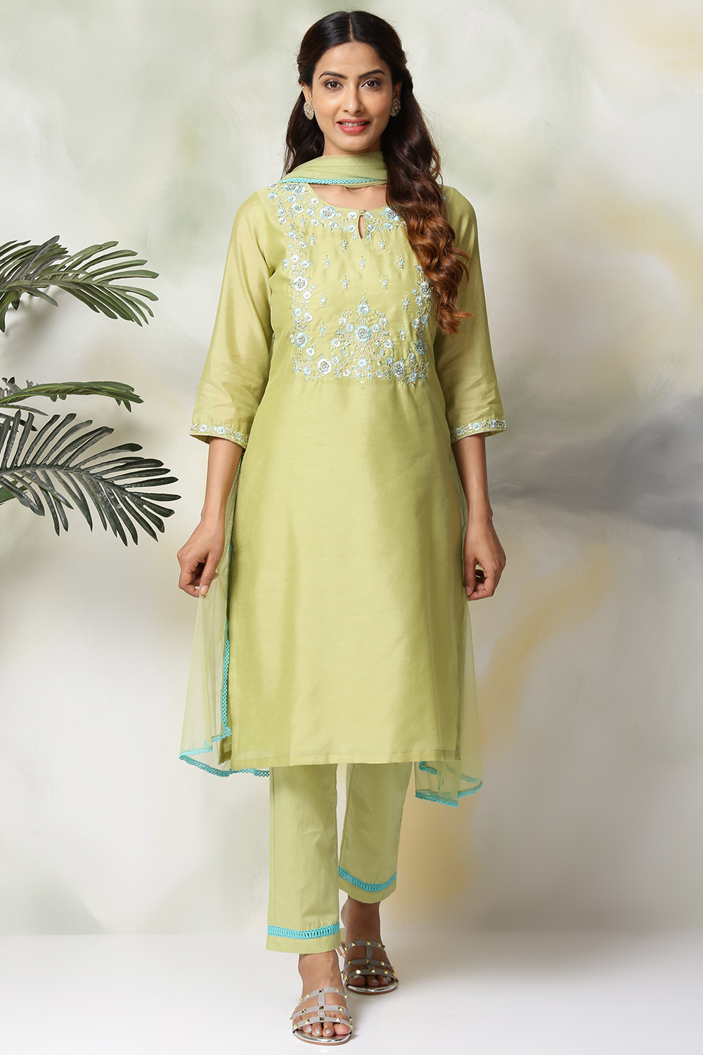 Peach Cotton Blend A-Line Kurta Pants Suit Set image number 0