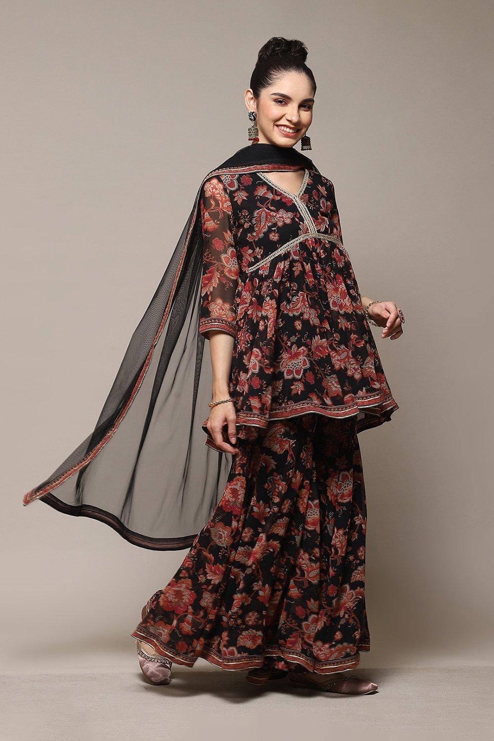 Black Floral Printed Flared Kurti & Garara Suit Set image number 6