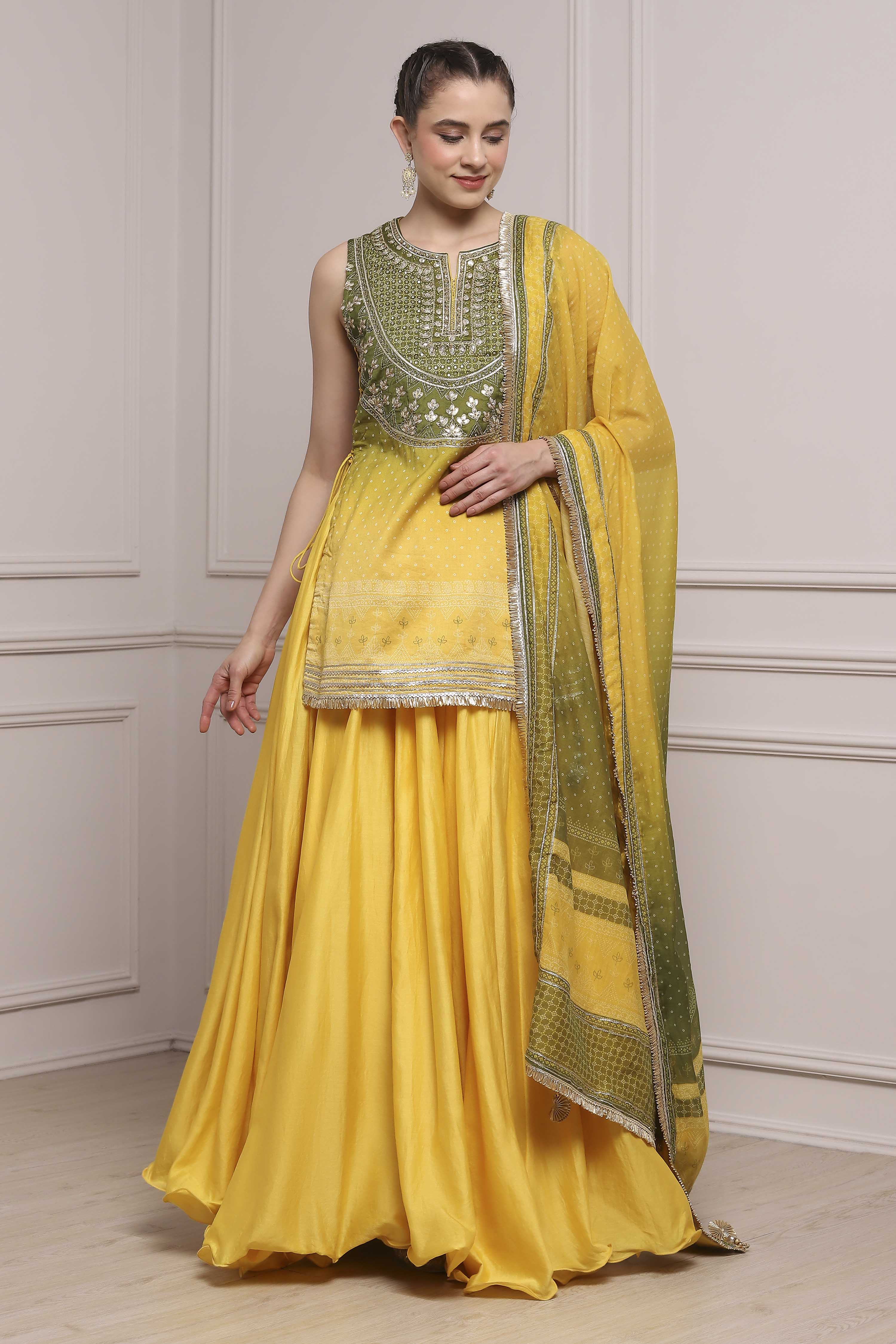 Yellow Olive Cotton Silk Straight Lehenga Set image number 6