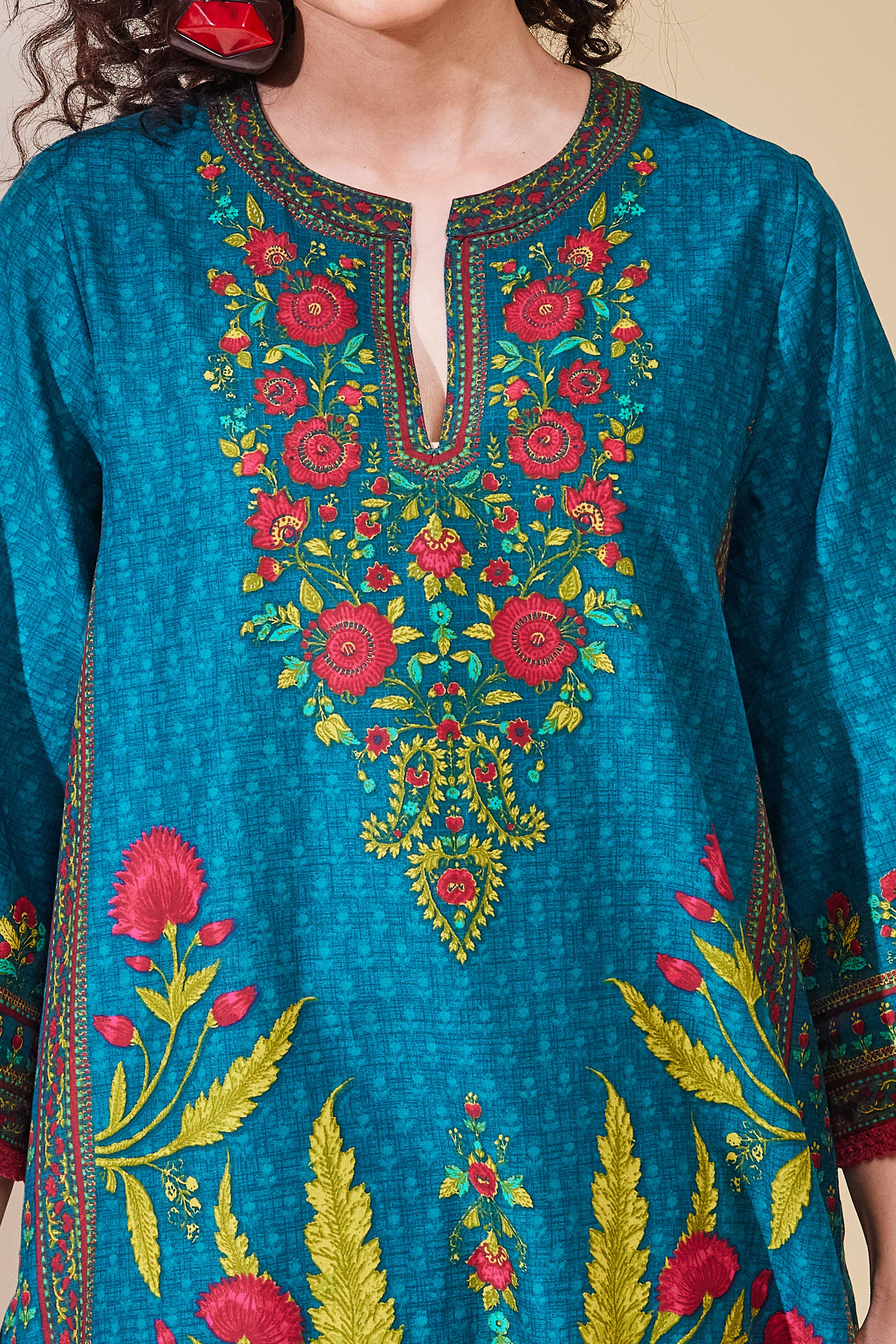 Teal Cotton Straight Kurta image number 1