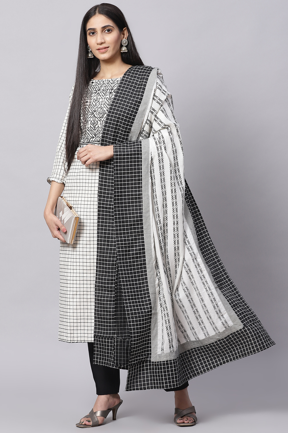 White Cotton Handloom Unstitched Suit Set image number 7