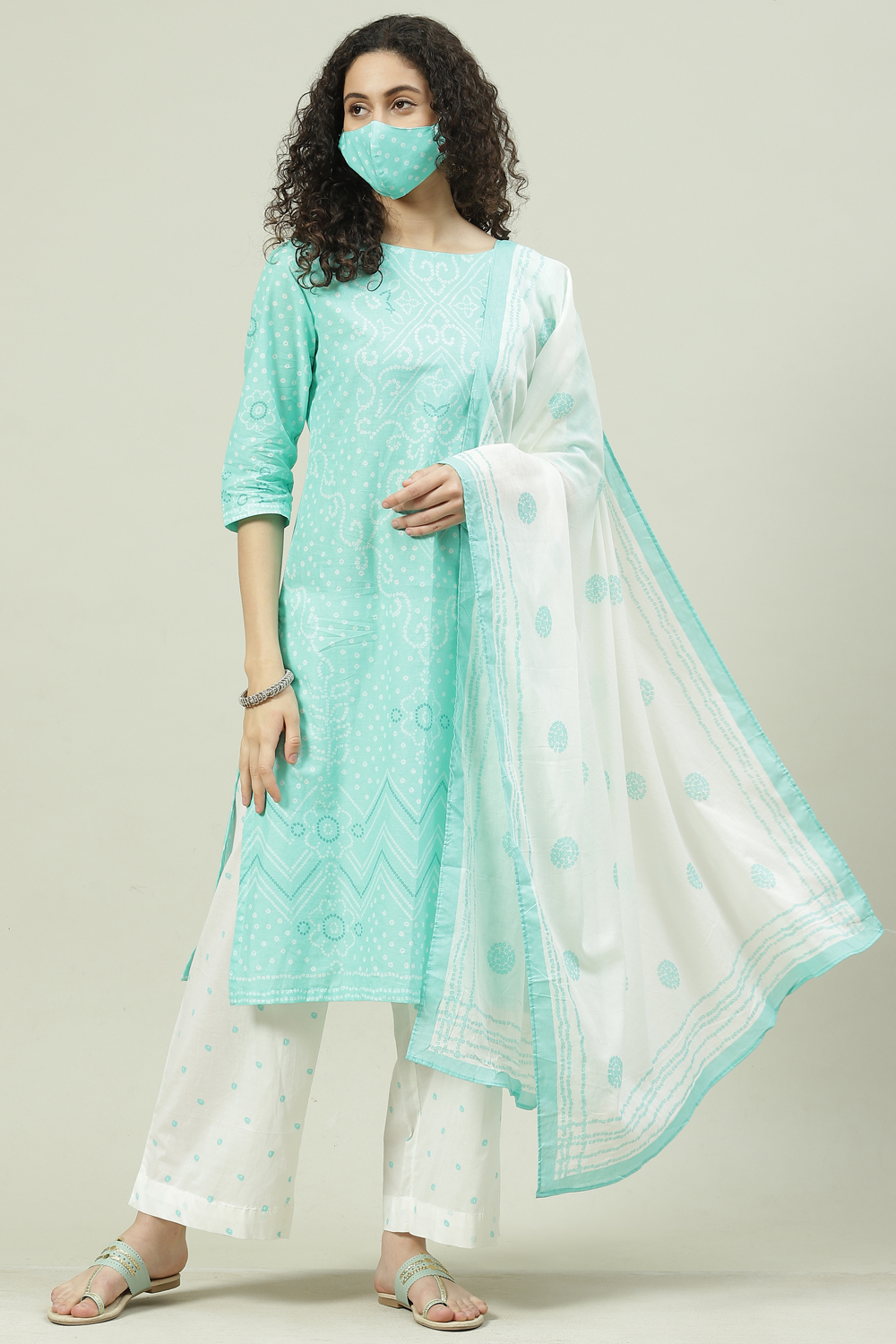 Aqua Blue and White Cotton Straight Suit Set image number 7