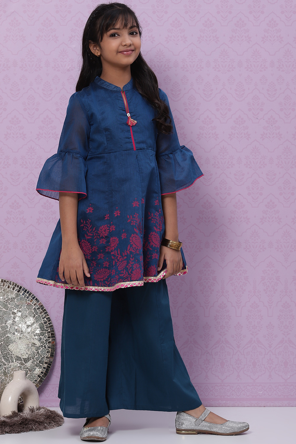 Blue Art Silk Flared Printed Top image number 5