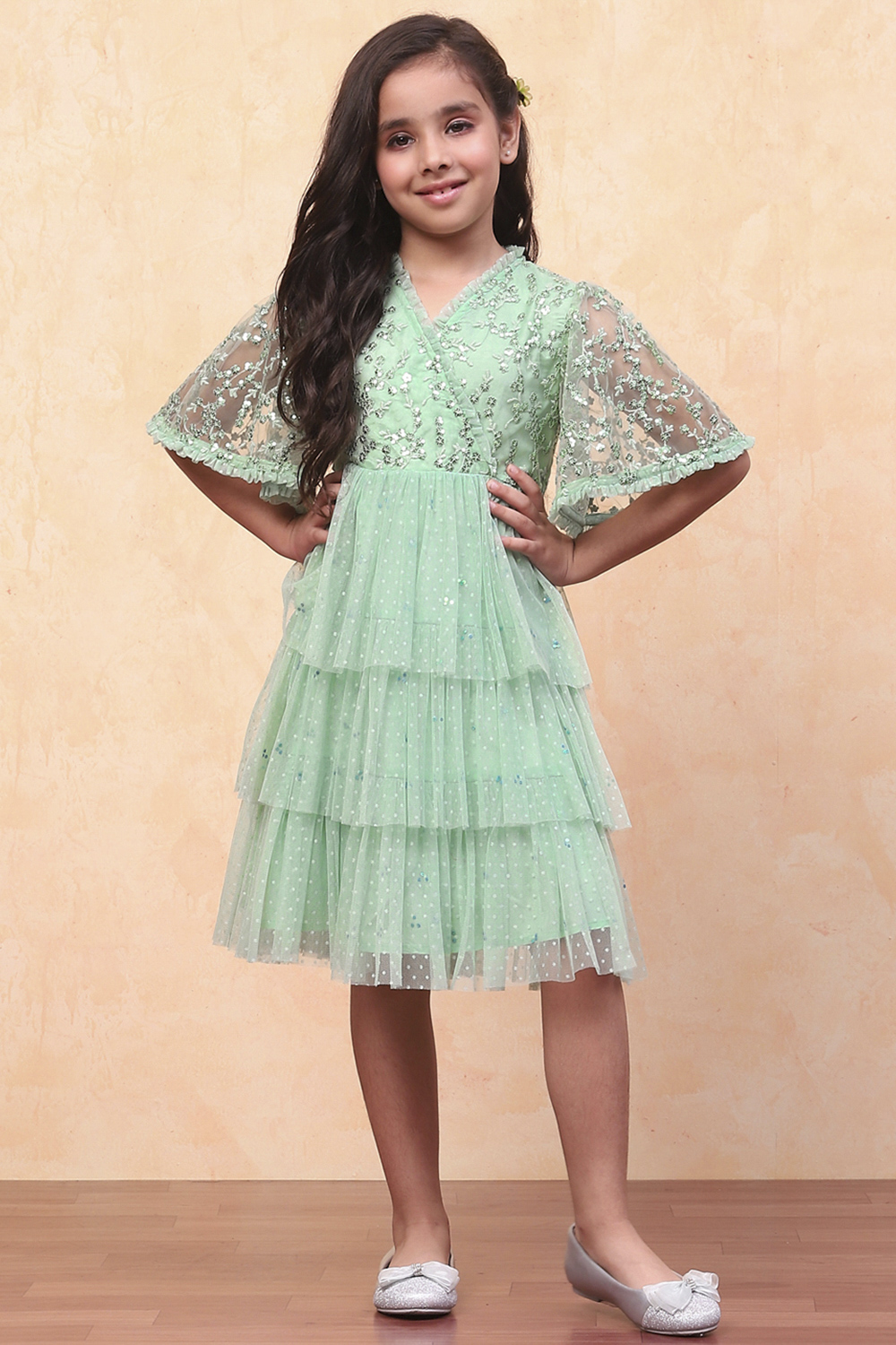 Mint Green Dobby Net Embellished Tiered Flared Dress image number 0
