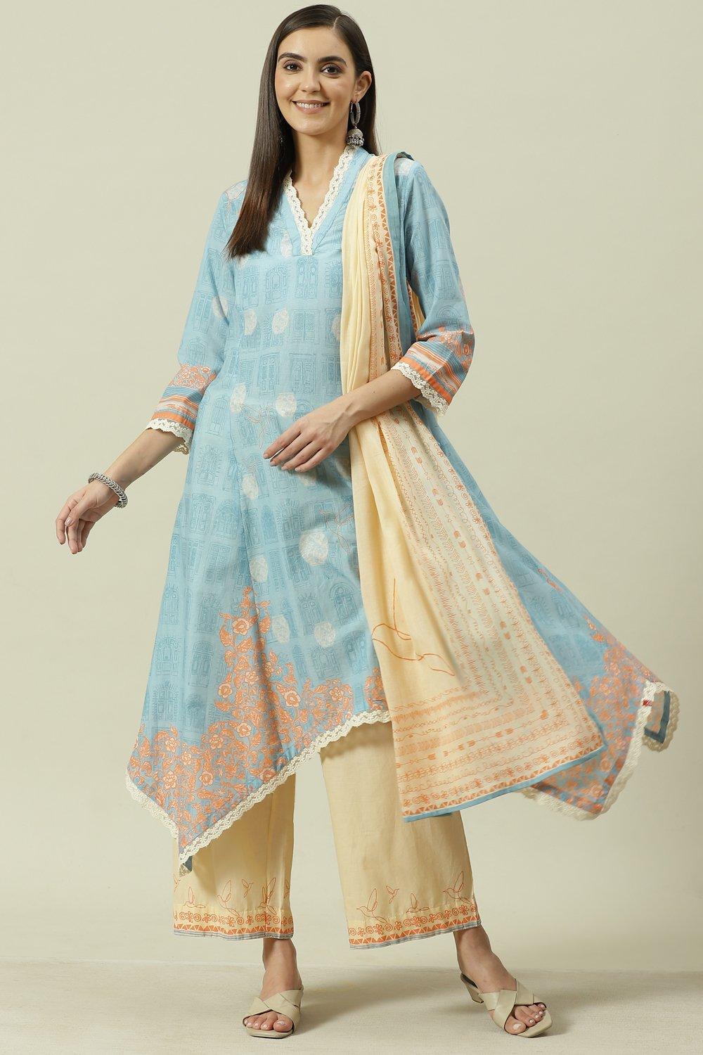 Pale Blue Cotton Kalidar Kurta Palazzo Suit Set image number 0