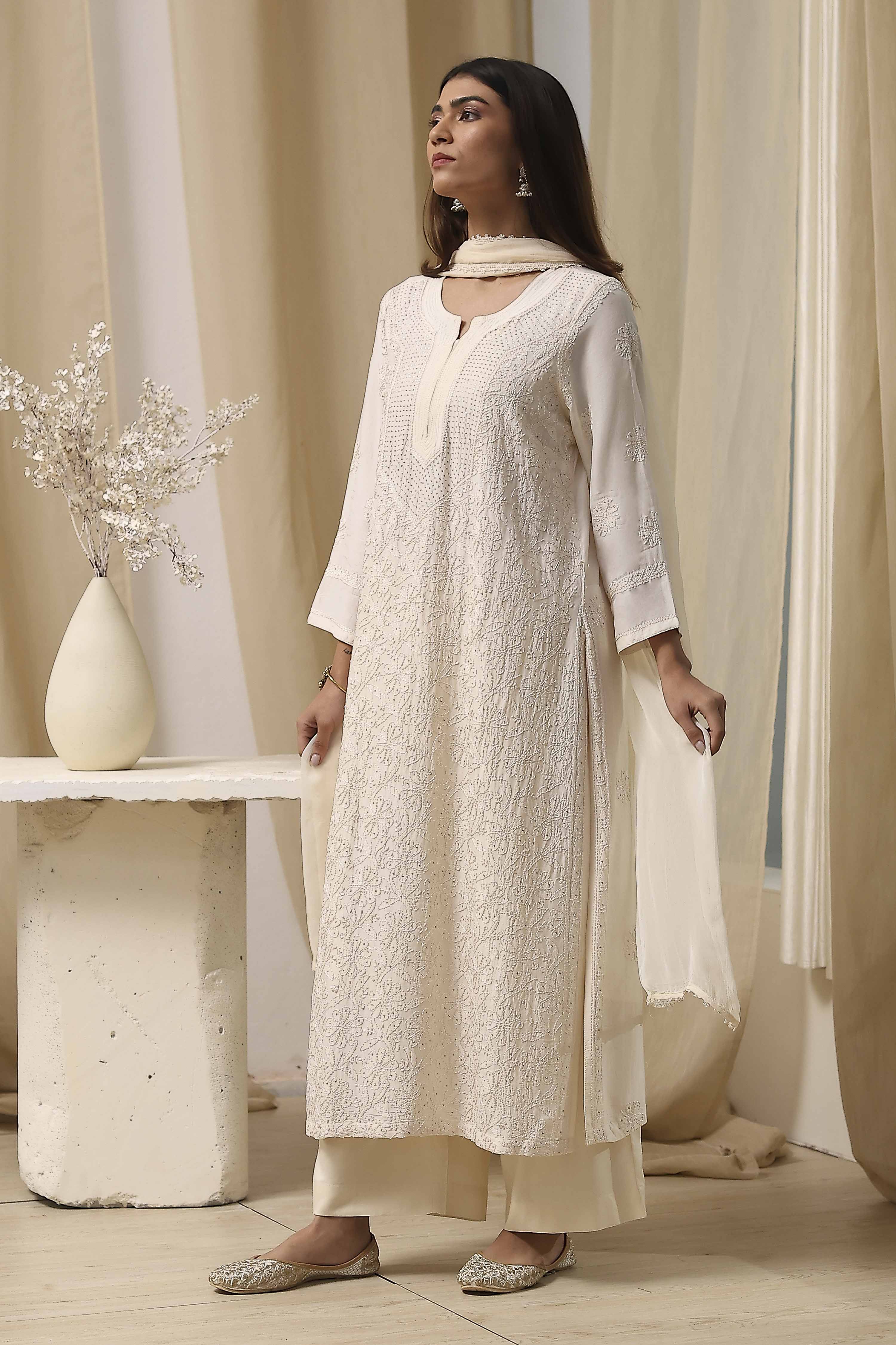 Off-White Modal Chikankari Straight Suit Set image number 3